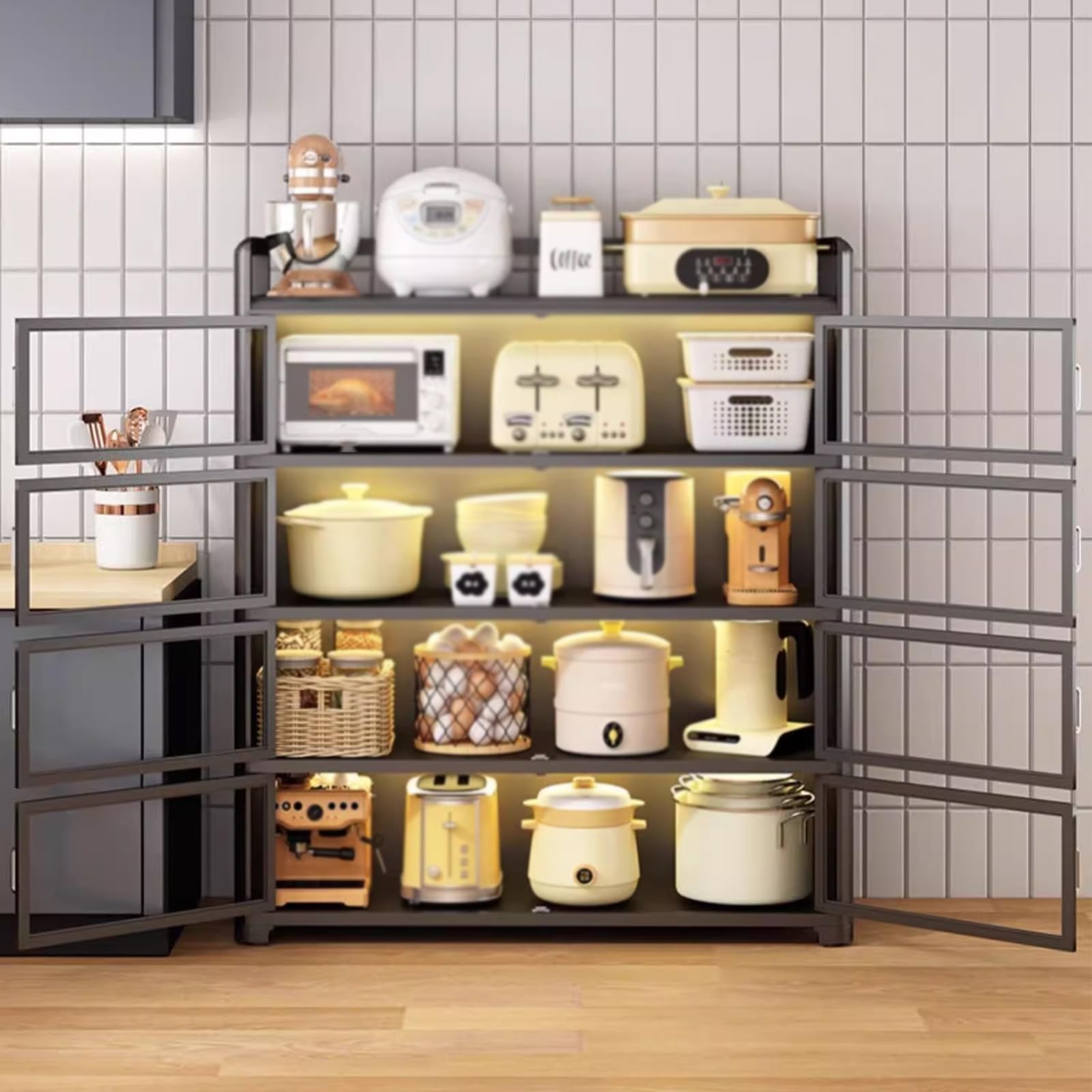 Meuble de Cuisine Colonne Haut Meuble Colonne Cuisine 60 cm Largeur, Étagère de Rangement À 5 Niveaux pour la Maison Meuble Cuisine Rangement(Black