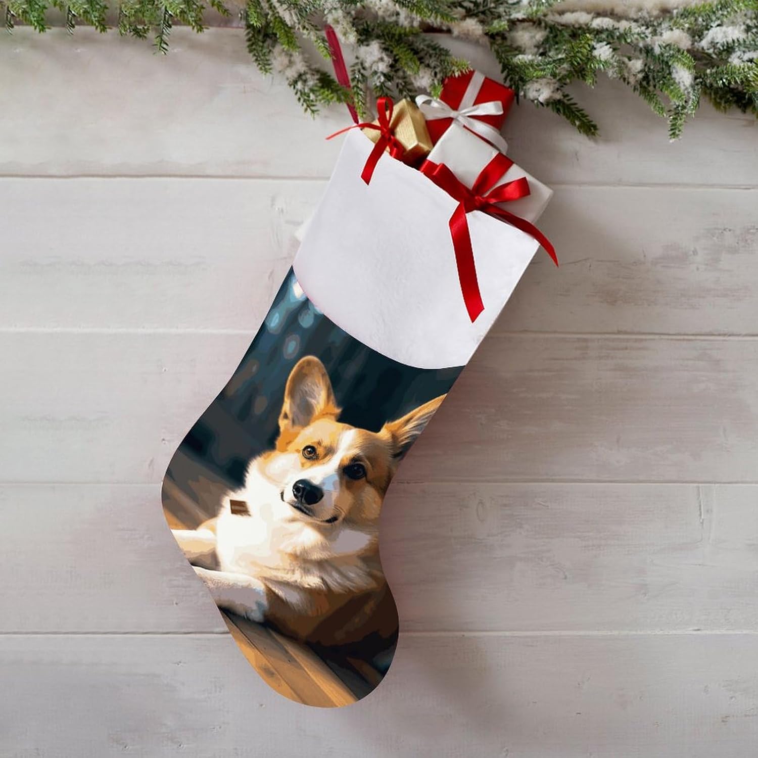 Christmas Stocking Smart Corgi Xmas Stockings Personalized Christmas Stockings Hanging Ornaments Large Hanging Stocking for Stairs Fireplace Xmas Home Decor
