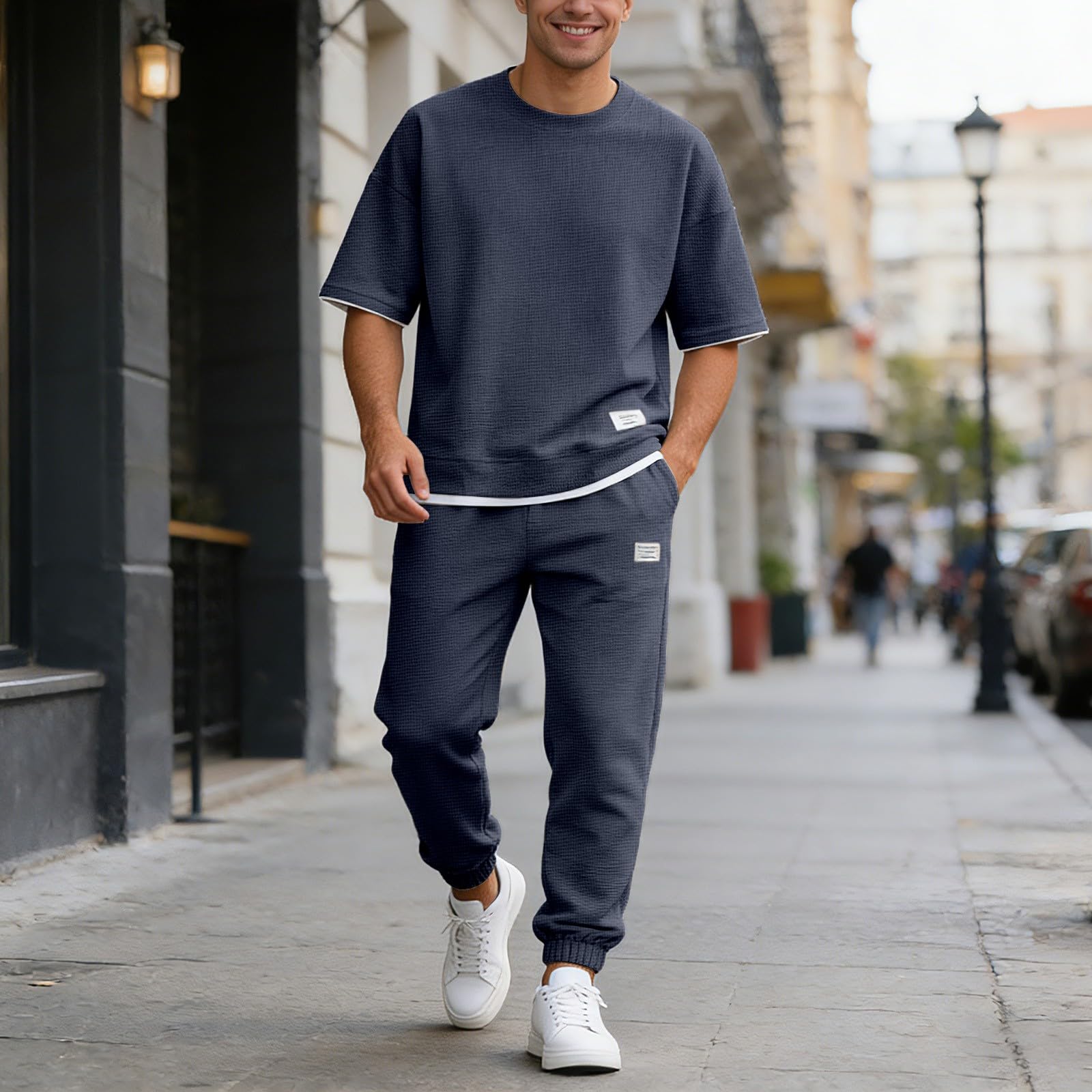 Traje Casual Hombre 2 Piezas Camiseta Oversize de Punto Waffle Pantalones Largos Jogger Cómodos Conjunto de Verano para Hombre Moderno — view 2