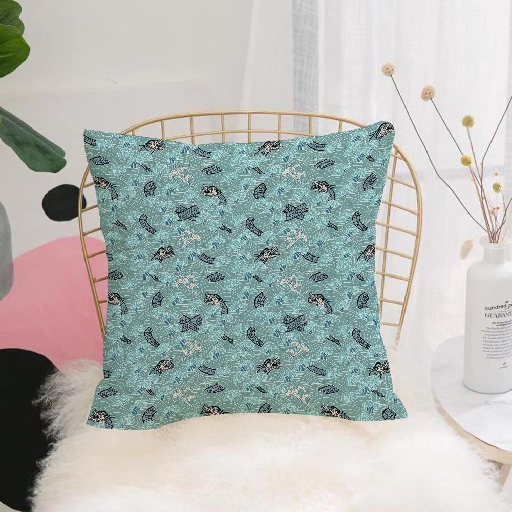 HYOSXW Cushion Cover,Throw Pillow Case Home Decorative for Living Room Bedroom Sofa Chair 16X16 Inch,Japanese wave, Asian pattern with dragon figures and,Pillowcase 40X40cm
