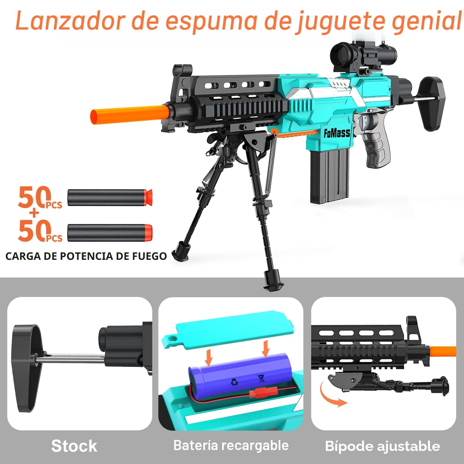 Pistola de Juguete eléctrica para niños, 3 Modos, 50 pies, 2 revistas, 100 Dardos, Recargable, 6 años en adelante, niños