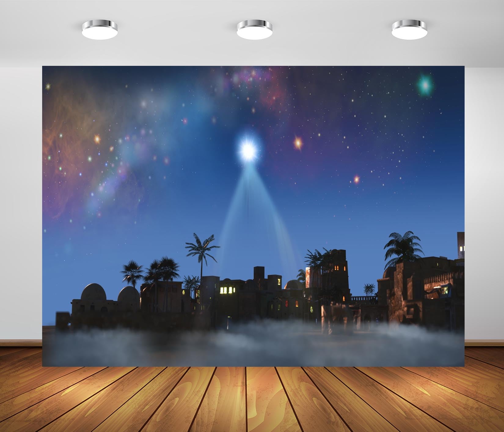 3.5x3m Belén Ciudad Pueblo Fondo Navidad Estrella Noche Fotografía Telón de Fondo Natividad Telón de Fondo Noche de Navidad Pesebre Telón de Fondo Iglesia Decoración de Navidad
