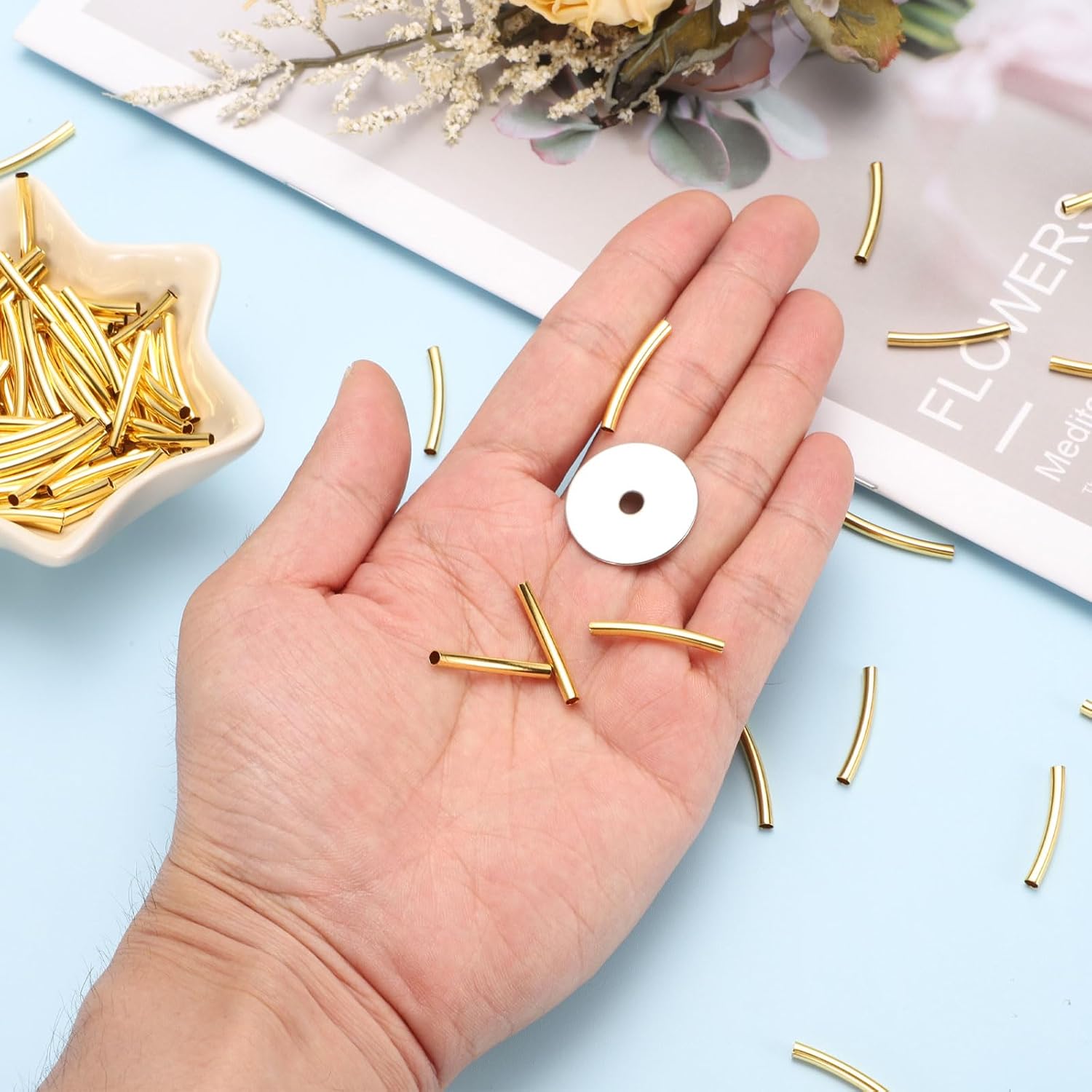 uxcell 100 Pcs Tube Beads, 3x25mm Curved Noodle Beads Loose Beads Tube Spacer Beads for Earrings Necklaces Bracelets Pendant DIY Crafts, Gold - Image 3