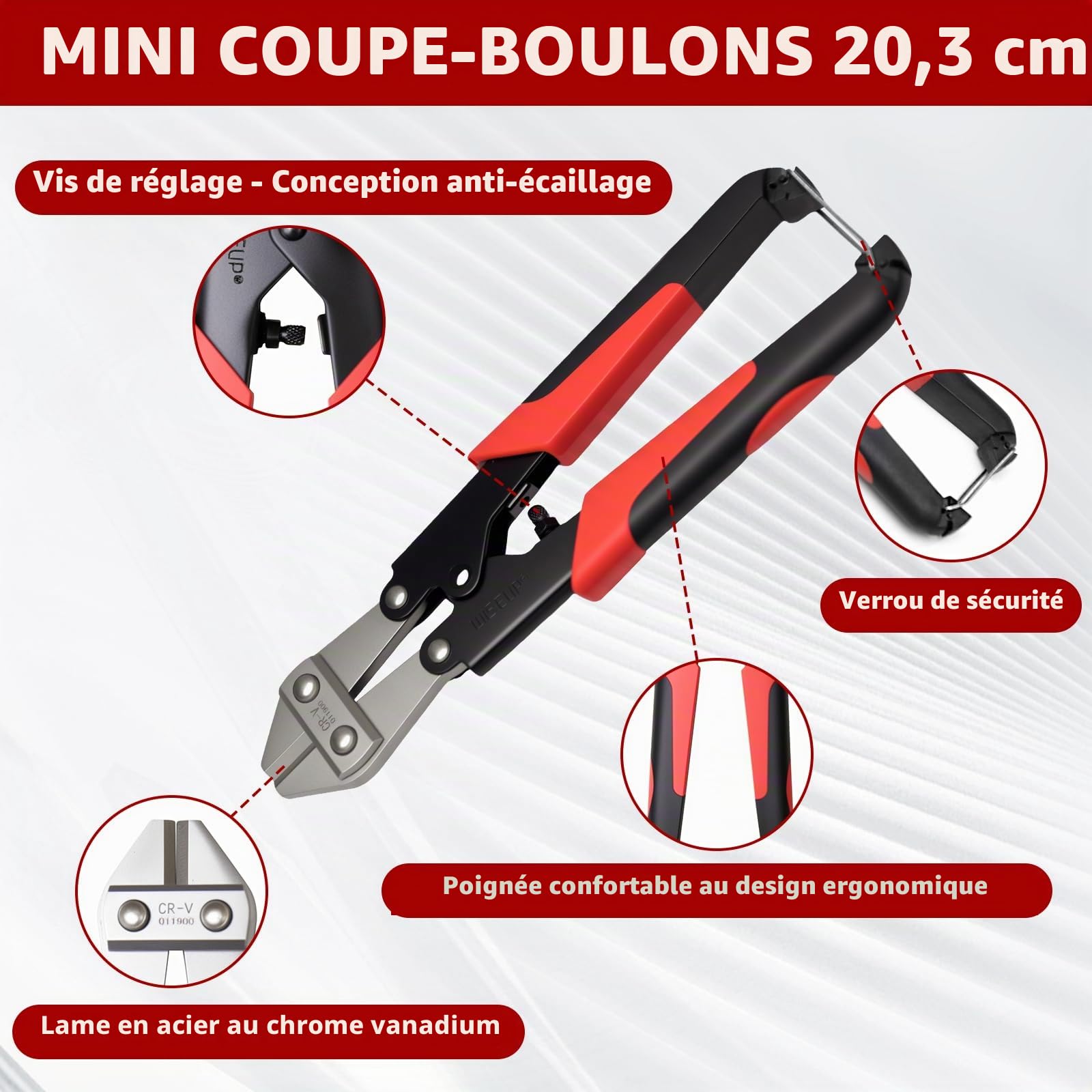 WISEUP Lot de 3 pinces coupe-boulons, coupe-boulons robuste de 35,6 cm et mini coupe-boulons de 20,3 cm, coupe-câble de 20,3 cm avec sac de transport, coupe facilement les cadenas, les fils barbelés