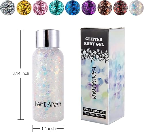 Miniatura 8 de Paquete de 2 botellas de gel con purpurina corporal holográfica de larga duración para cabello, cuerpo y uñas, maquillaje corporal líquido de 9