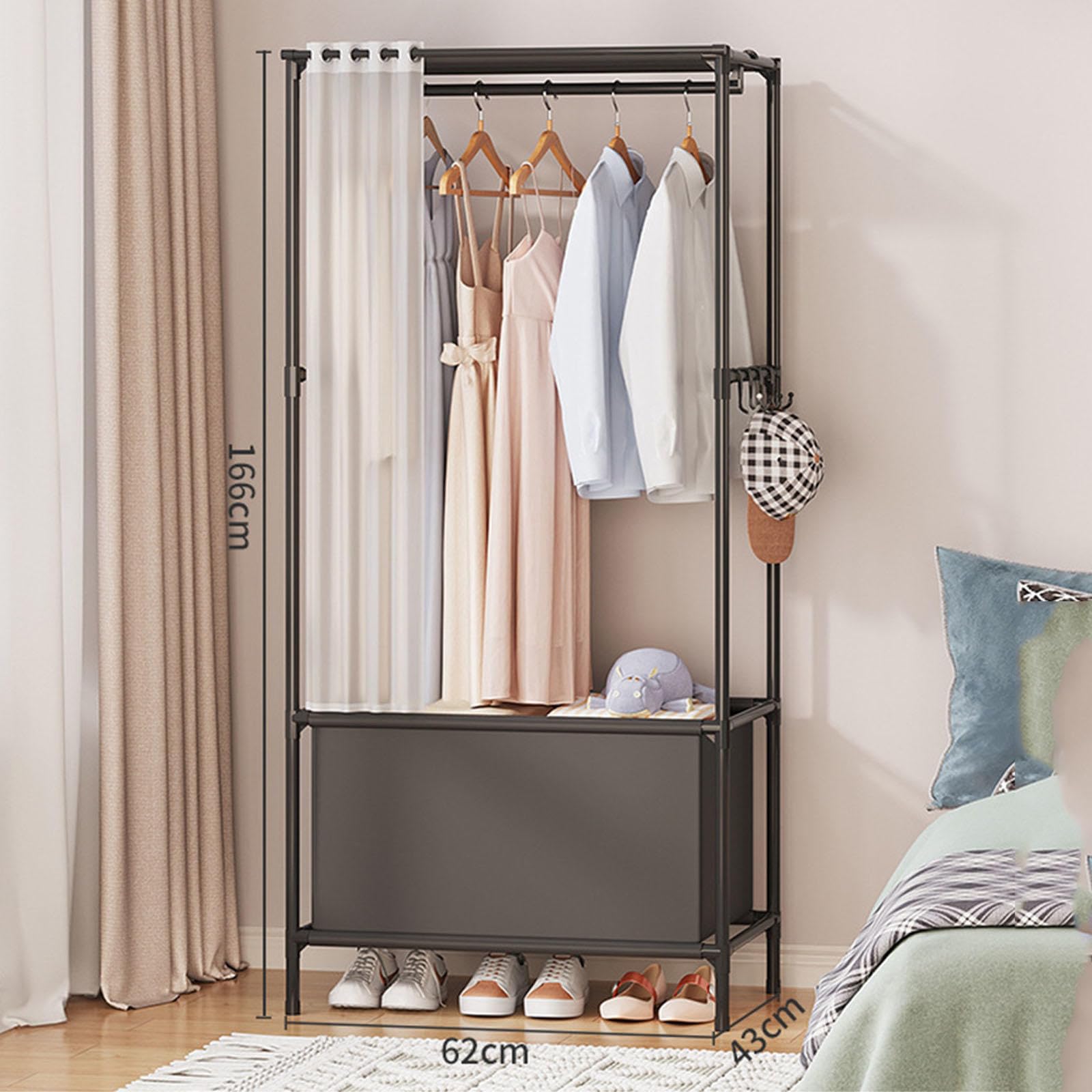 Kleiderschrank Tragbar Garderobenregale, Canvas-Garderobe Für Schlafzimmer, Kleiderschrank Aus Stoff Faltbarer Schrank Für Kleidung, Taschen,Black-Withdoorcurtain