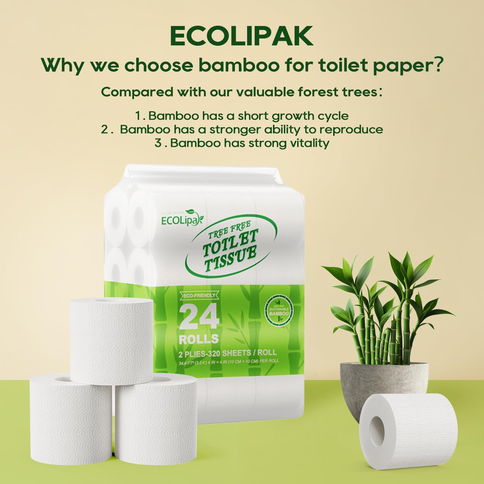 ECOLipak Carta igienica in bambù, carta igienica settica sicura, 24 rotoli doppi, 320 fogli per rotolo, senza alberi, atossica, a 2 strati, morbida e assorbente, carta ecologica senza coloranti