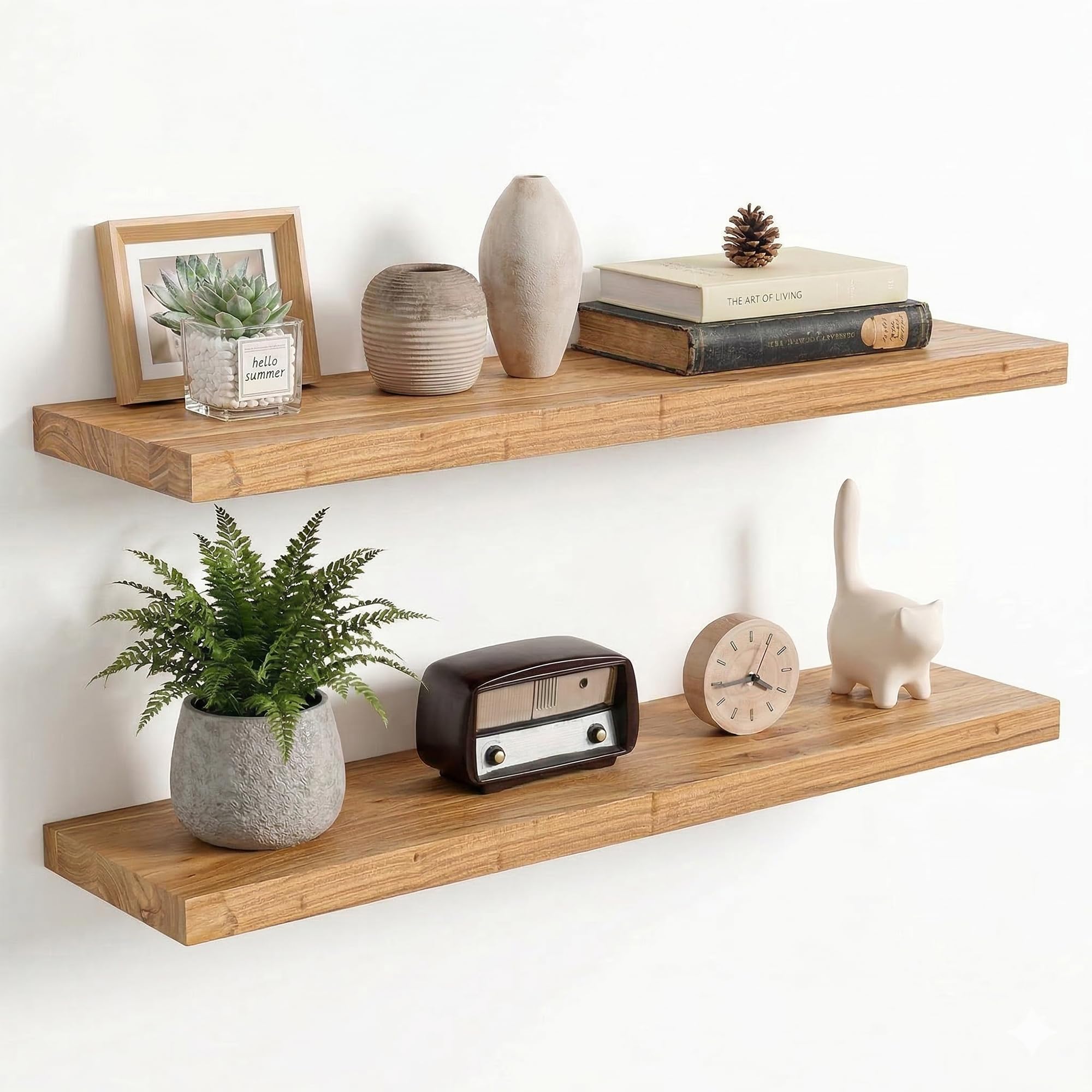 Reclaimed Elm Wood Floating Shelves for Wall, Flat Edge 36"W x 9.2"D x 1.4"H, Set of 2 with Invisible Bracket, Wall Mounted Shelves for Living Room