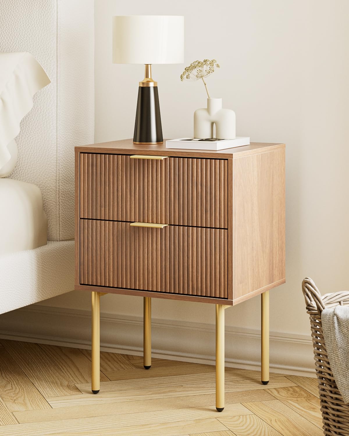 HEYZOEY Nachttisch, Nachtschrank mit 2 Schubladen, Modern Nachtkästchen, Boho Nachtkommode für Schlafzimmer, Wohnzimmer,Nussbaum