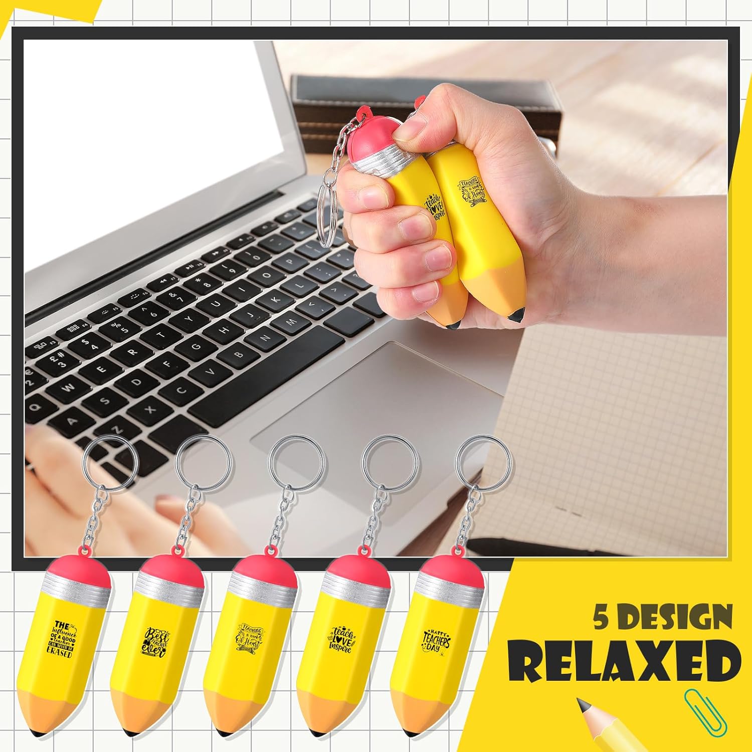 50 Pieces Pencil Stress Balls Bulk Keychain Teacher Appreciation Gifts Stress Pencil with Relief Quotes Foam Balls Colorful Keychain for End of Year Teacher Gifts
