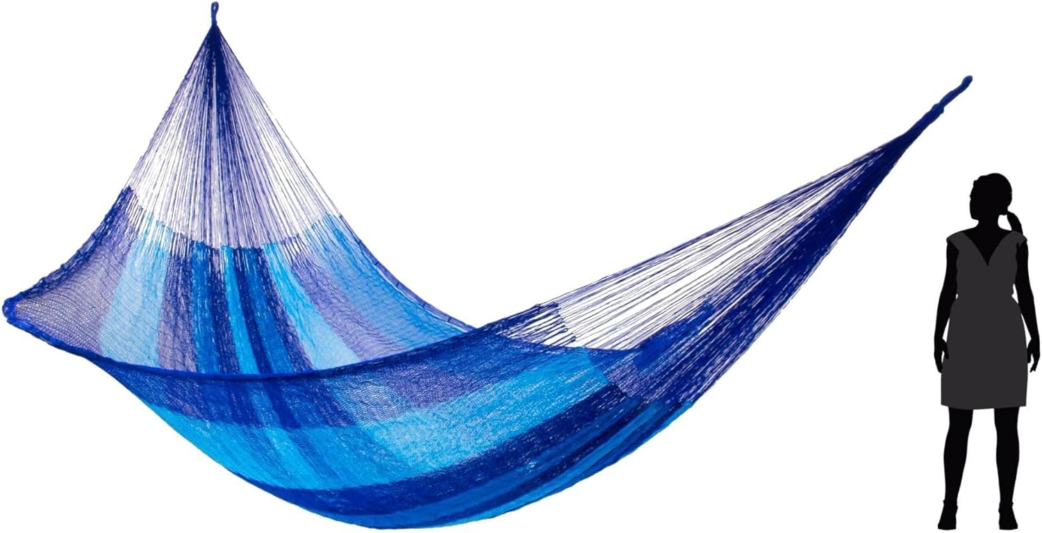 NOVICA Sky Blue Dark Blue Striped Nylon Hand Woven Mayan Rope 2 Person Xl Hammock, 'Blue Caribbean' (Double)