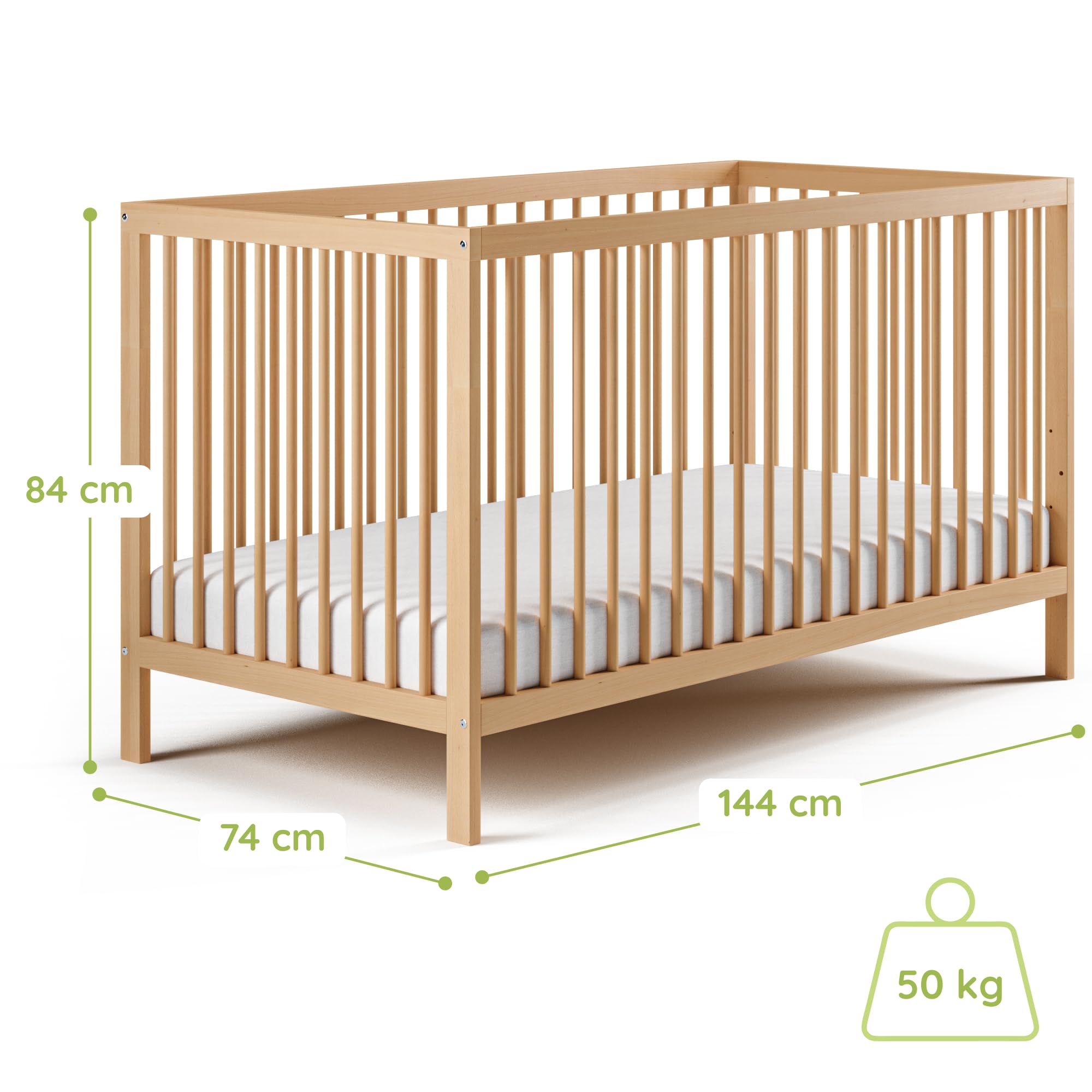 Kids Collective Babybett Kinderbett Gitterbett 60x120 & 70x140 cm mit Matratze höhenverstellbarer Lattenrost & herausnehmbare Sprossen stabiles Buchenholz | ab Geburt bis 3. Lebensjahr | Natur
