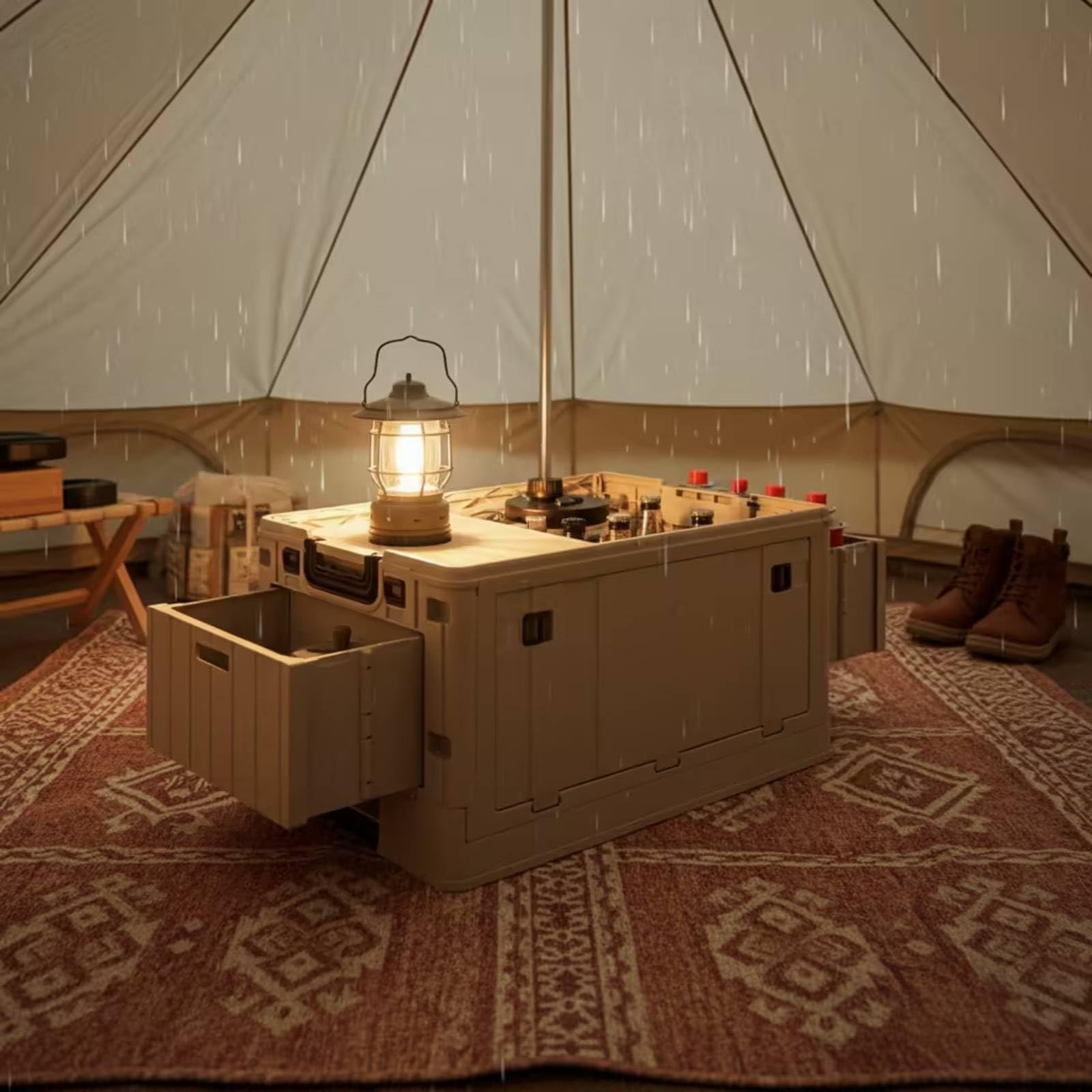 Faltbox mit Tischplatte faltbar Faltbox mit Tischobfläche platzsparend Campingtisch Stauraum für Camping, Picknick