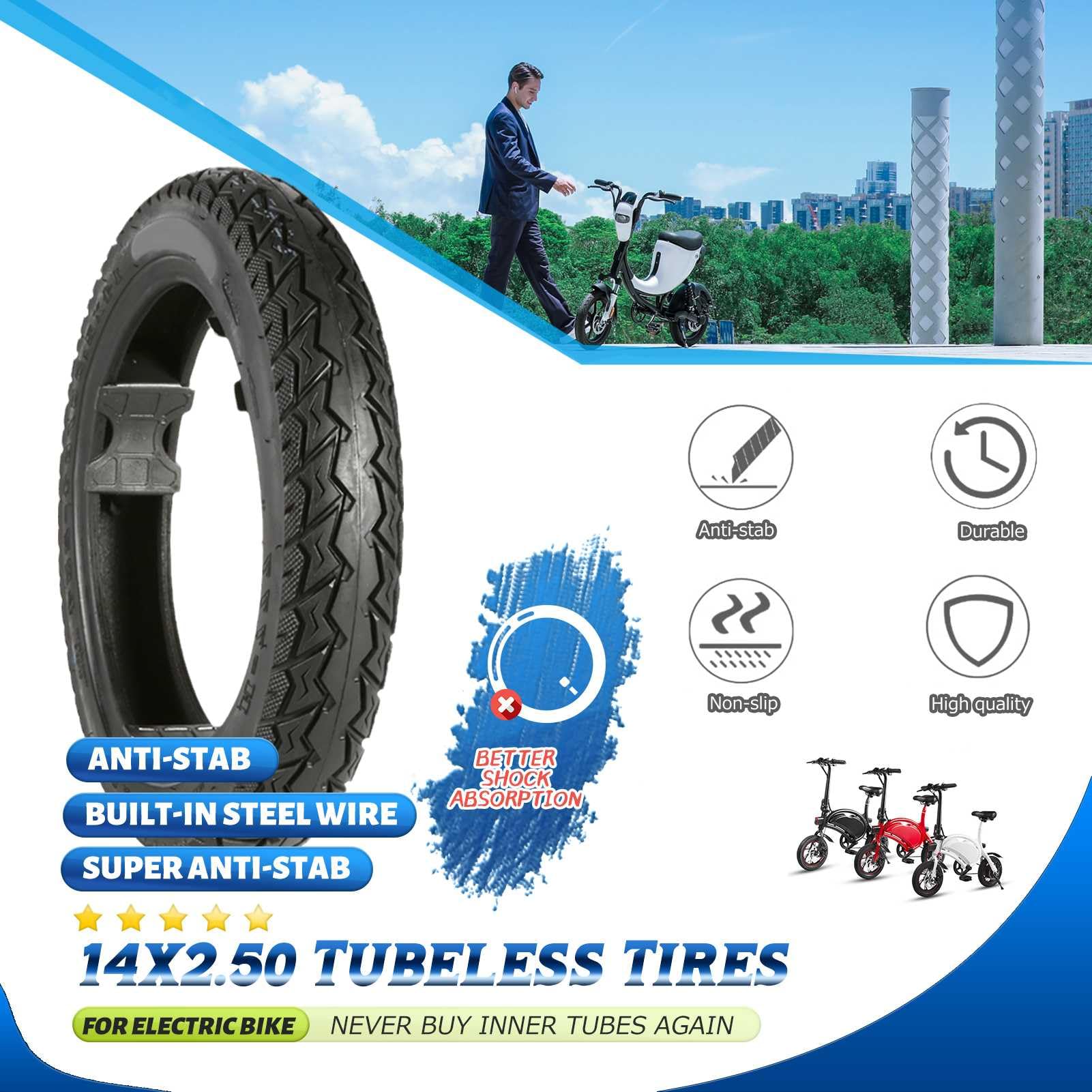 Electric Bike Tires 14x2.50 Super Anti-Stab | 14 2.50 Neumatico Ebike Tire Heavy Duty Design | 14 Inch Tubeless Tire for Electric Scooter Tires | 14 x 2.50 Thickened Vacuum Tires with Air Valve