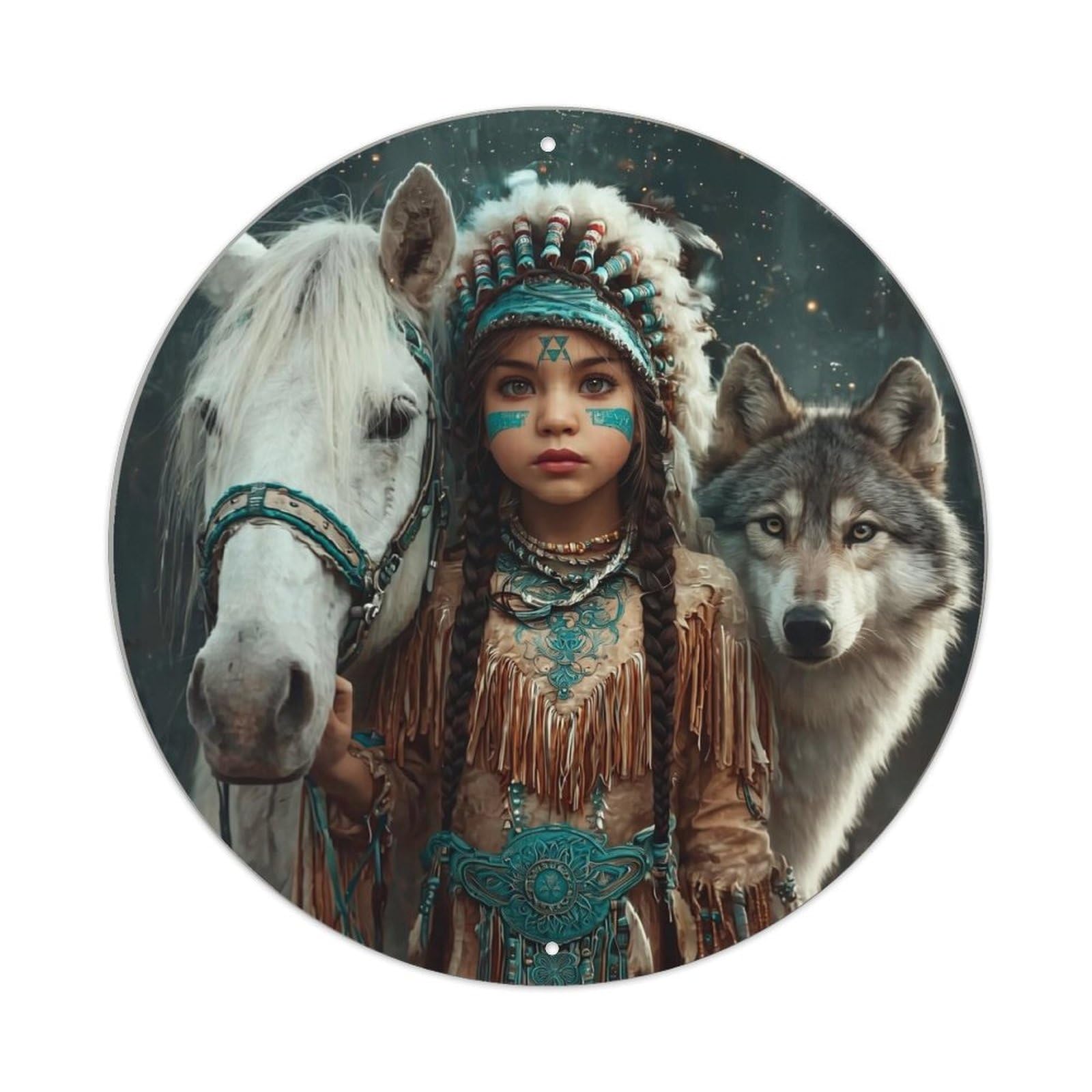 Native American Tribal Artistic Design Retro Metal Sign Round Tin Sign, Vintage Decor Art Poster for Bar, Home, Man Cave, Kitchen, Laundry Room Gift 8x8Inch