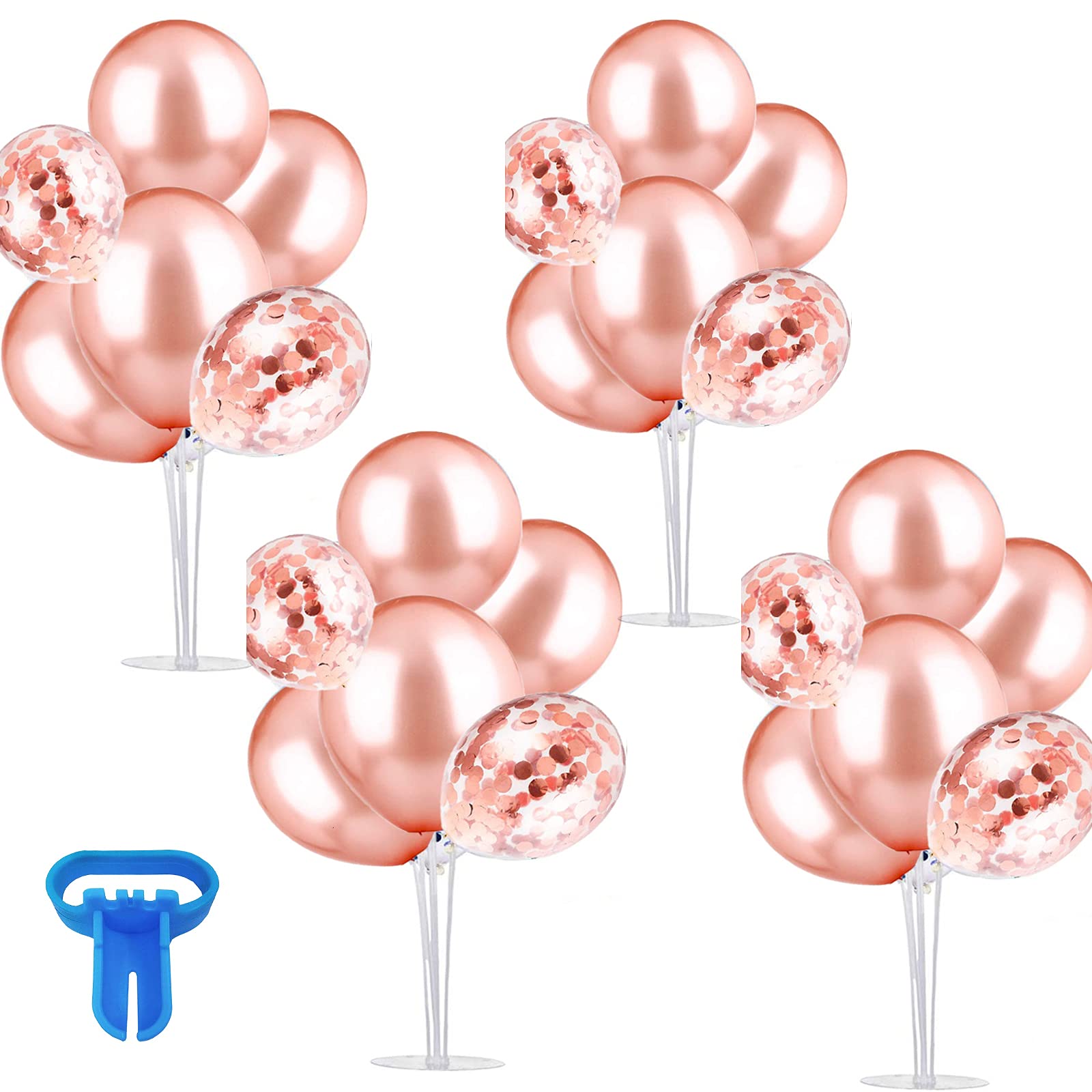 HBell 4 Set Table Balloons Stand Kit,28pcs Rose gold Latex Confetti Balloons,1pcs Balloon Tying Tool for Wedding,Baby Shower, Graduation, Anniversary, Birthday Party Decorations (Rose Gold)