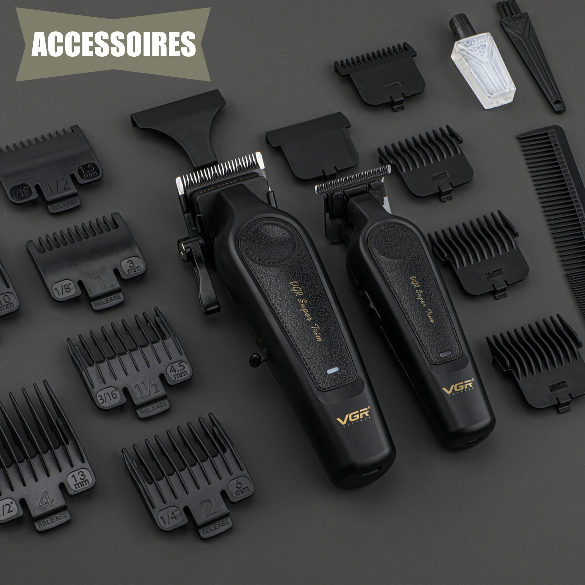 VGR 197 & 995 Tondeuse Cheveux Hommes Professionnel Sans Fil, Voyant LED | Tondeuse Cheveux et Barbe Homme Set avec Lames en Céramique, Barber Kit avec 10 Peignes de Guidage et Peigne