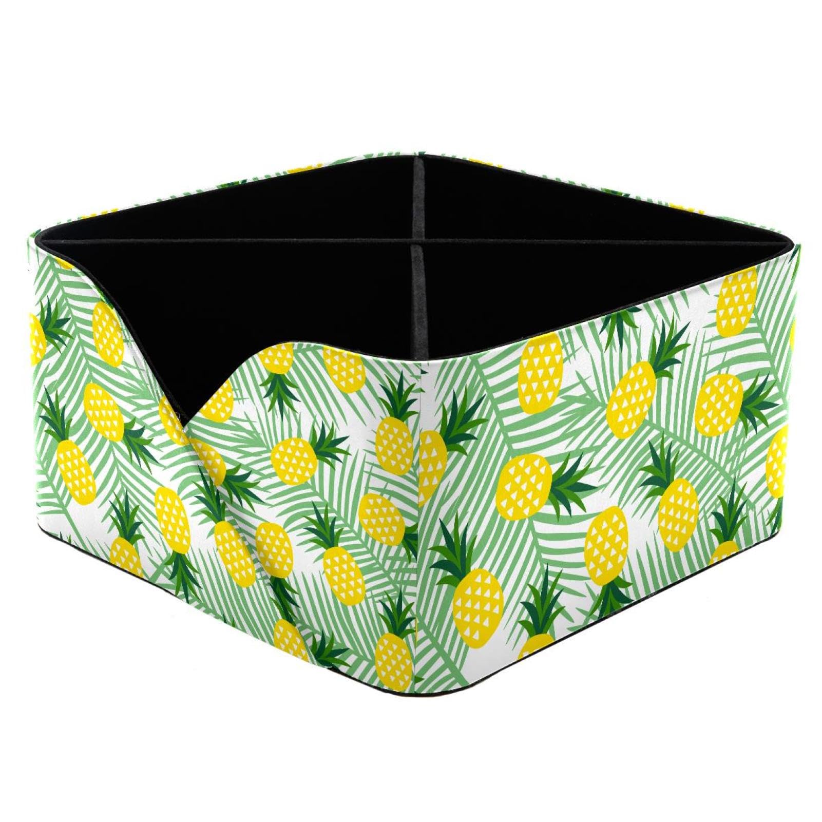 KengjuTesu Pineapple with Hawaii Pattern Palm Leaves Desktop Organizer Pen Holder, Rectangular Pencil Cup for Office, Study and Makeup Stations
