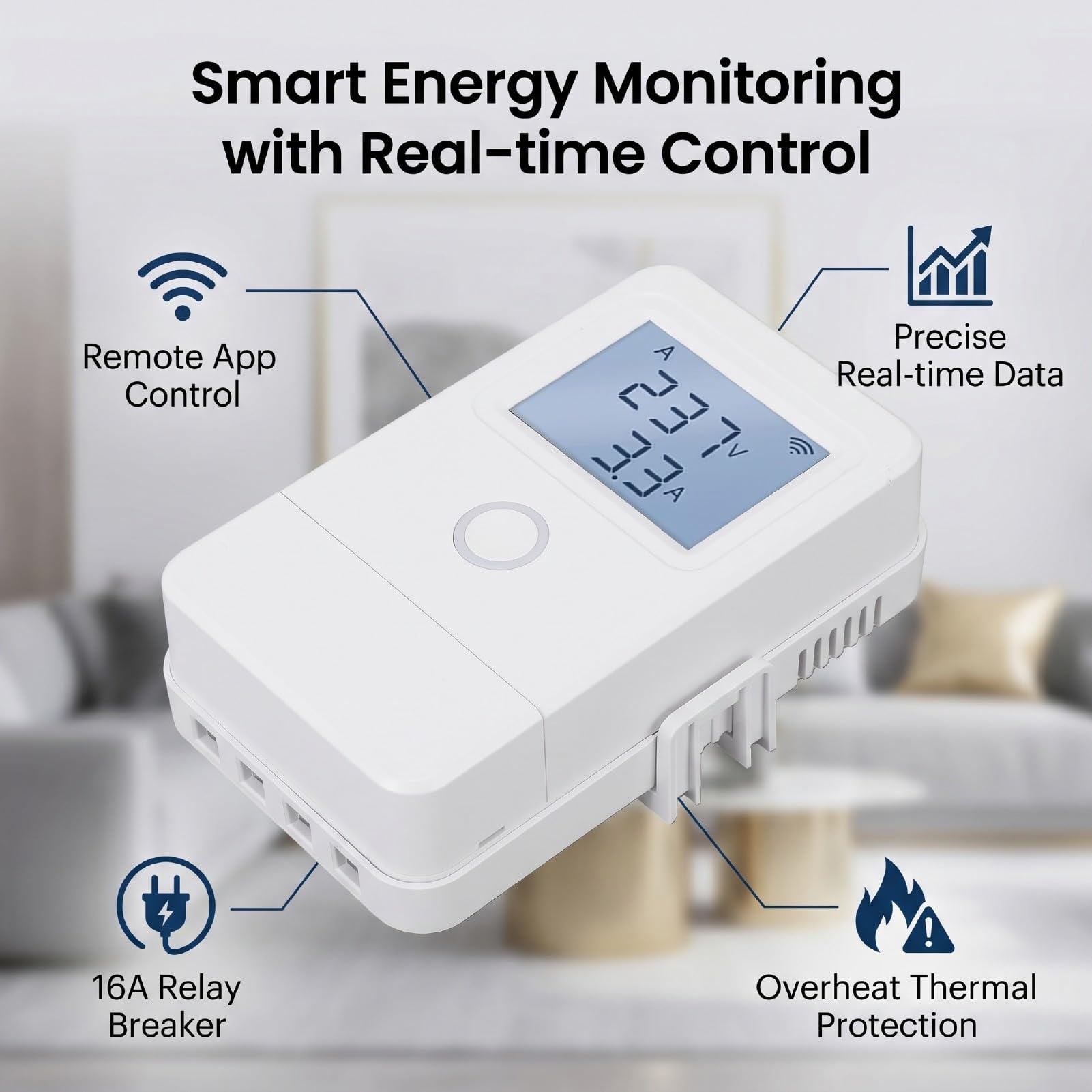 SEAFRONT Monitor de Energía Eléctrica WiFi Control Remoto Pantalla LCD 3 Canales 100A 16A Relé Alarma de Sobrecalentamiento para Electrodomésticos