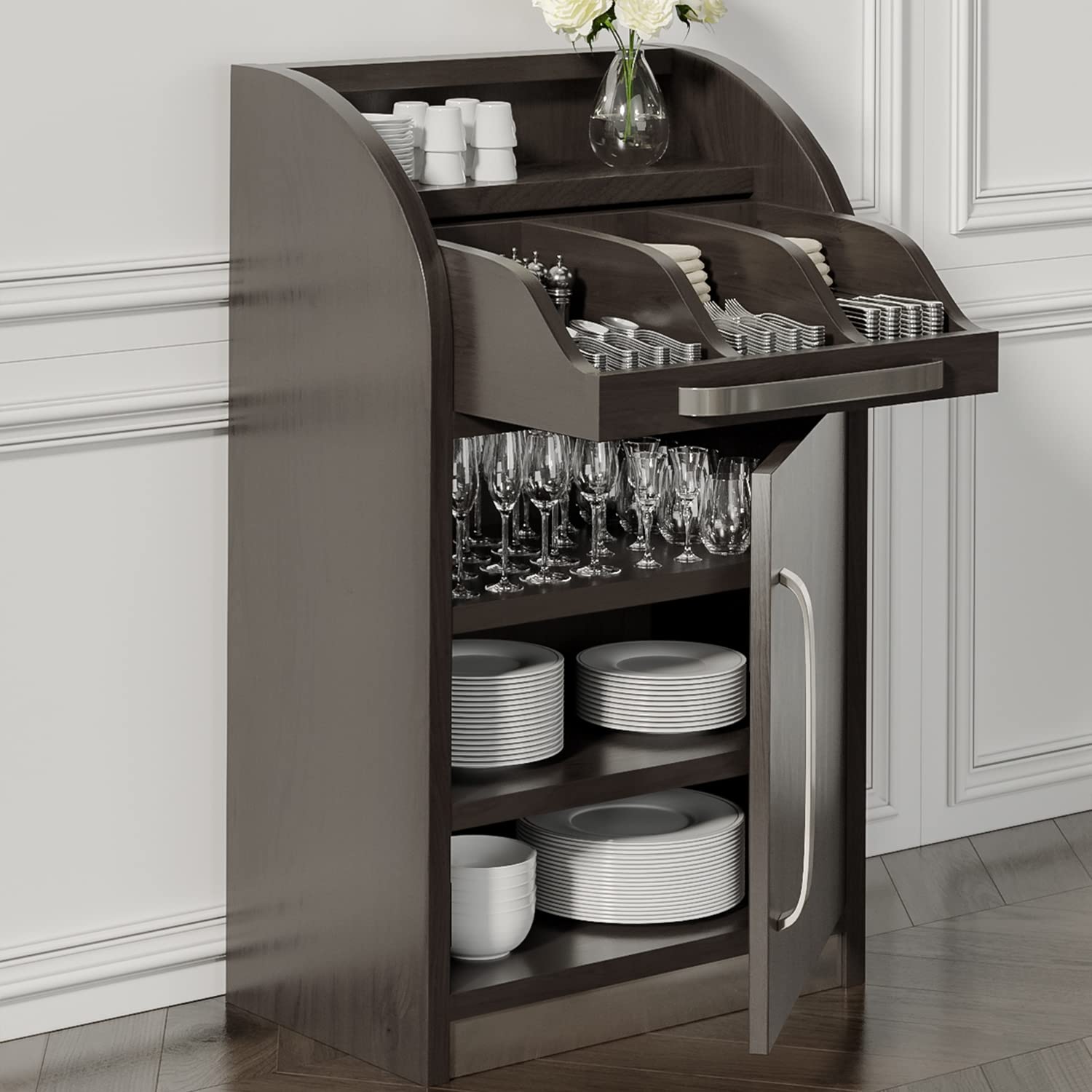 LEA | Besteckschrank | B55cm x H105 | Wenge-Schwarz | 1xTür + 2xBöden | Soft-Close | Holz Kellnerstation Schrank Kommode Servier Gastro