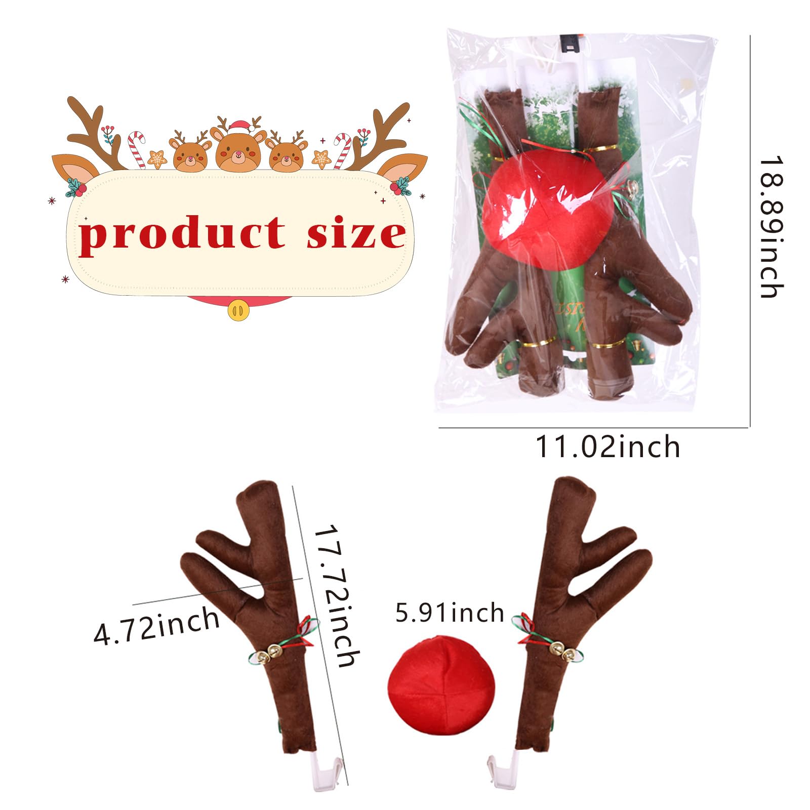 Sodcay Car Reindeer Antler Kit - Premium Christmas Holiday Decoration, Universal for Cars (Brown & Red)