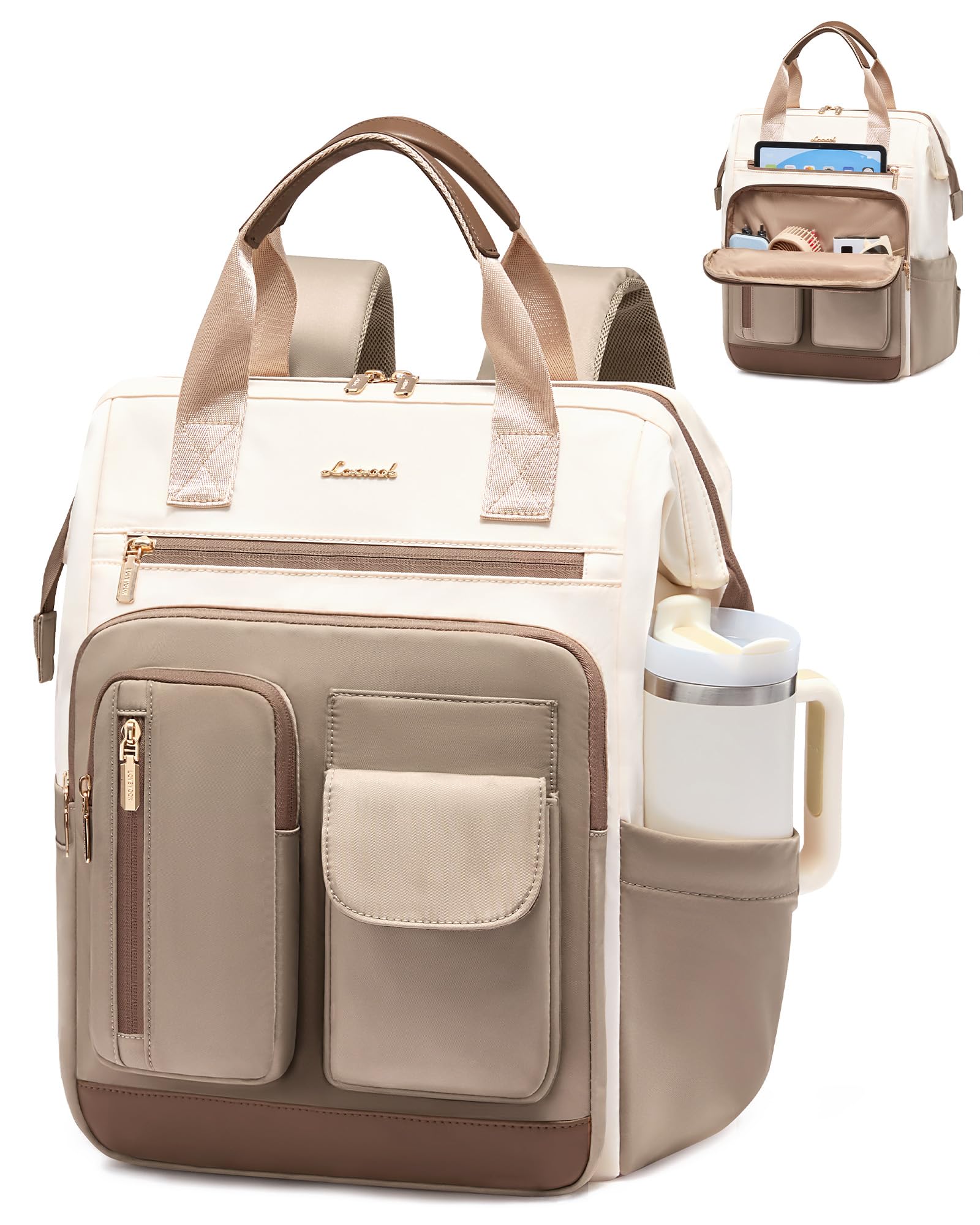 LOVEVOOK Rucksack Damen, Laptop Schulrucksack Wasserdicht Mit 20 Taschen und Großem Fach für Trinkflasche, 2 in 1 Handtasche Backpack Elegant für Schule, Uni, Arbeit, Travel, Reise, Lehrer
