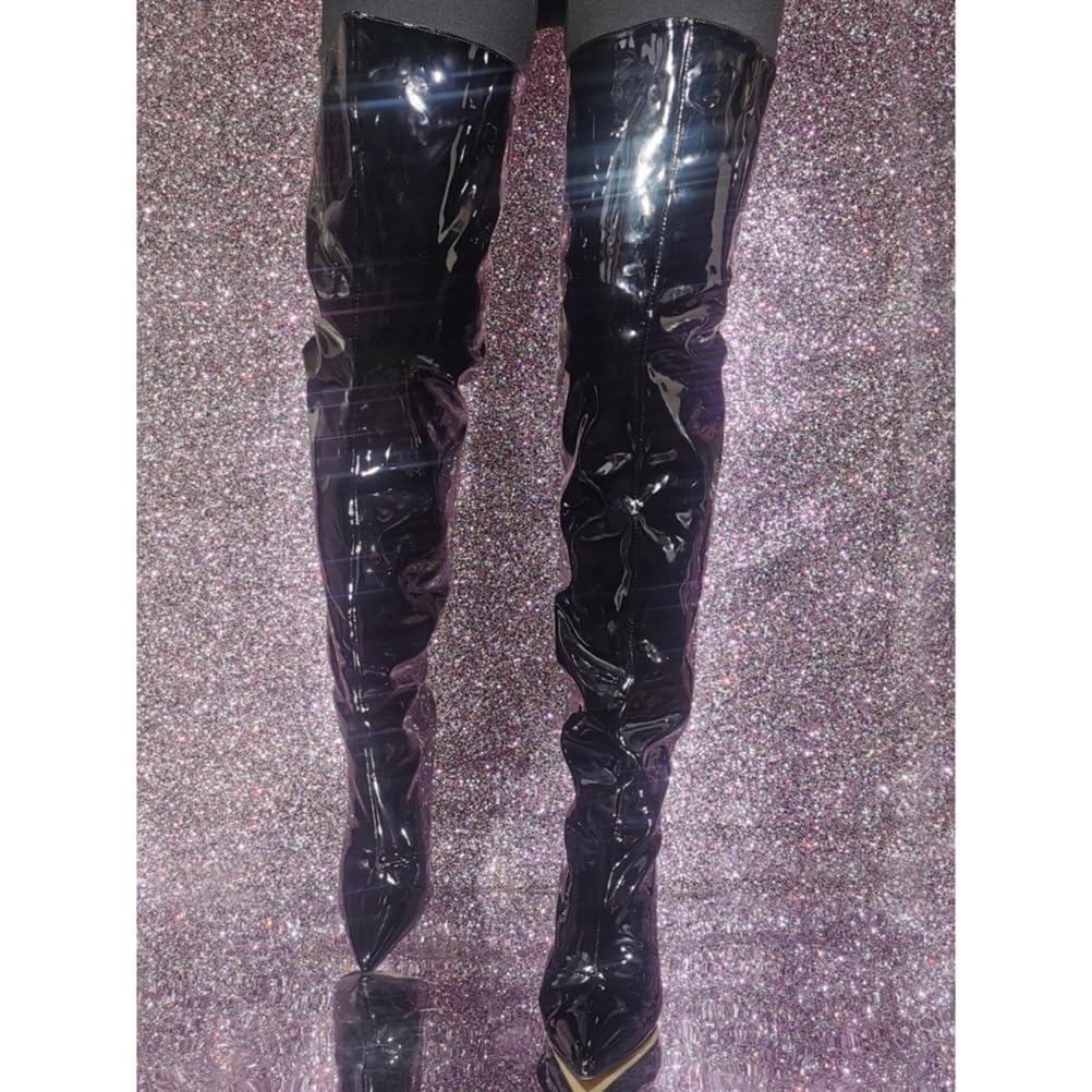 Stivali sopra Il Ginocchio da Donna. Stivali Alti Fino alla Coscia in Vernice con Punta a Spillo. Stivali alla Moda Autunno Inverno. Tacchi Alti da spogliarellista