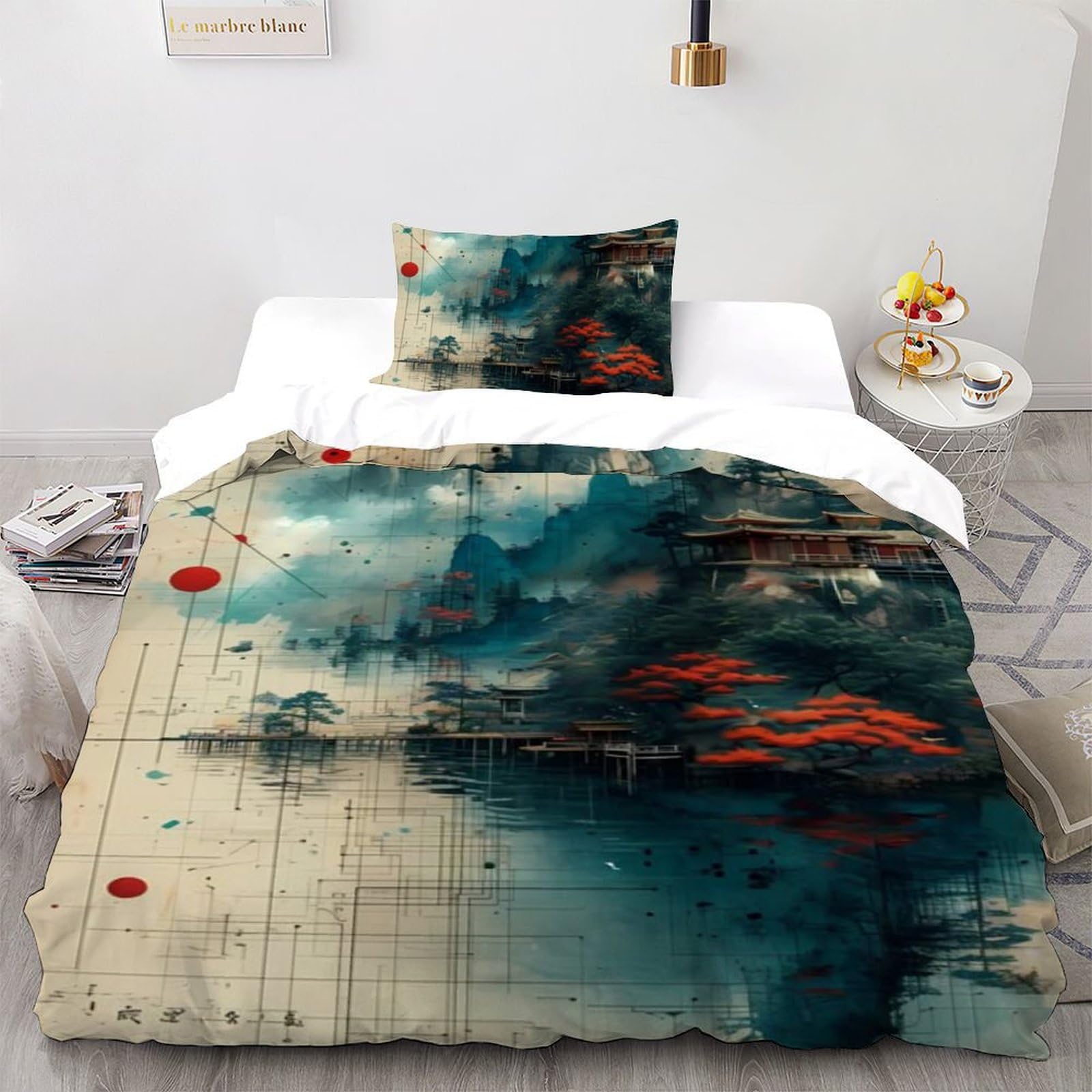 Housse de couette 135x200 cm paysage imprimé 3D lit simple avec taie d'oreiller