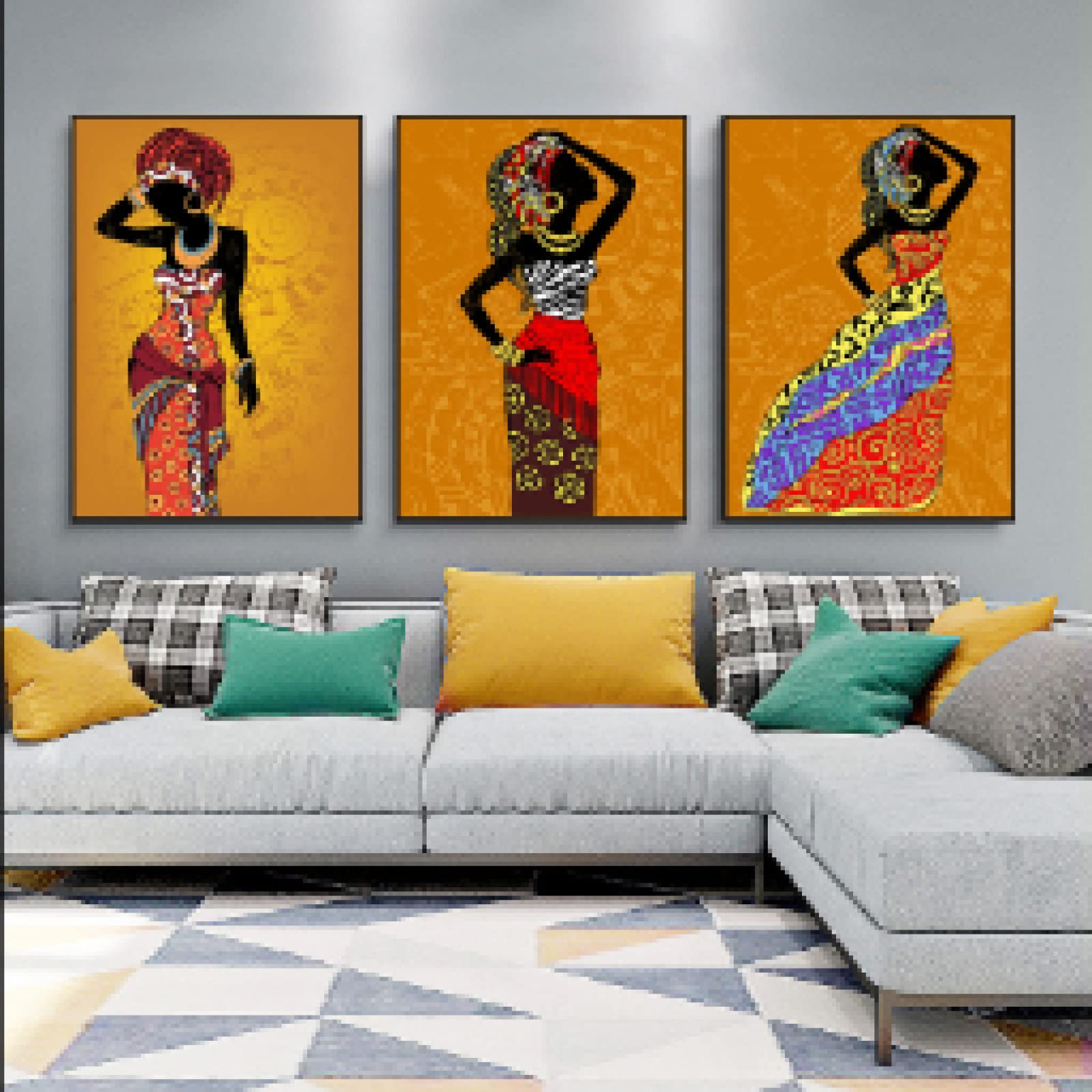dsdsgog Nero e Oro Donna Africana Arte della Tela di Canapa Pittura Poster e Stampe Su Tela Immagini di Arte Della Parete per la Decorazione del Soggiorno 60x90 cmx3 Senza Cornice