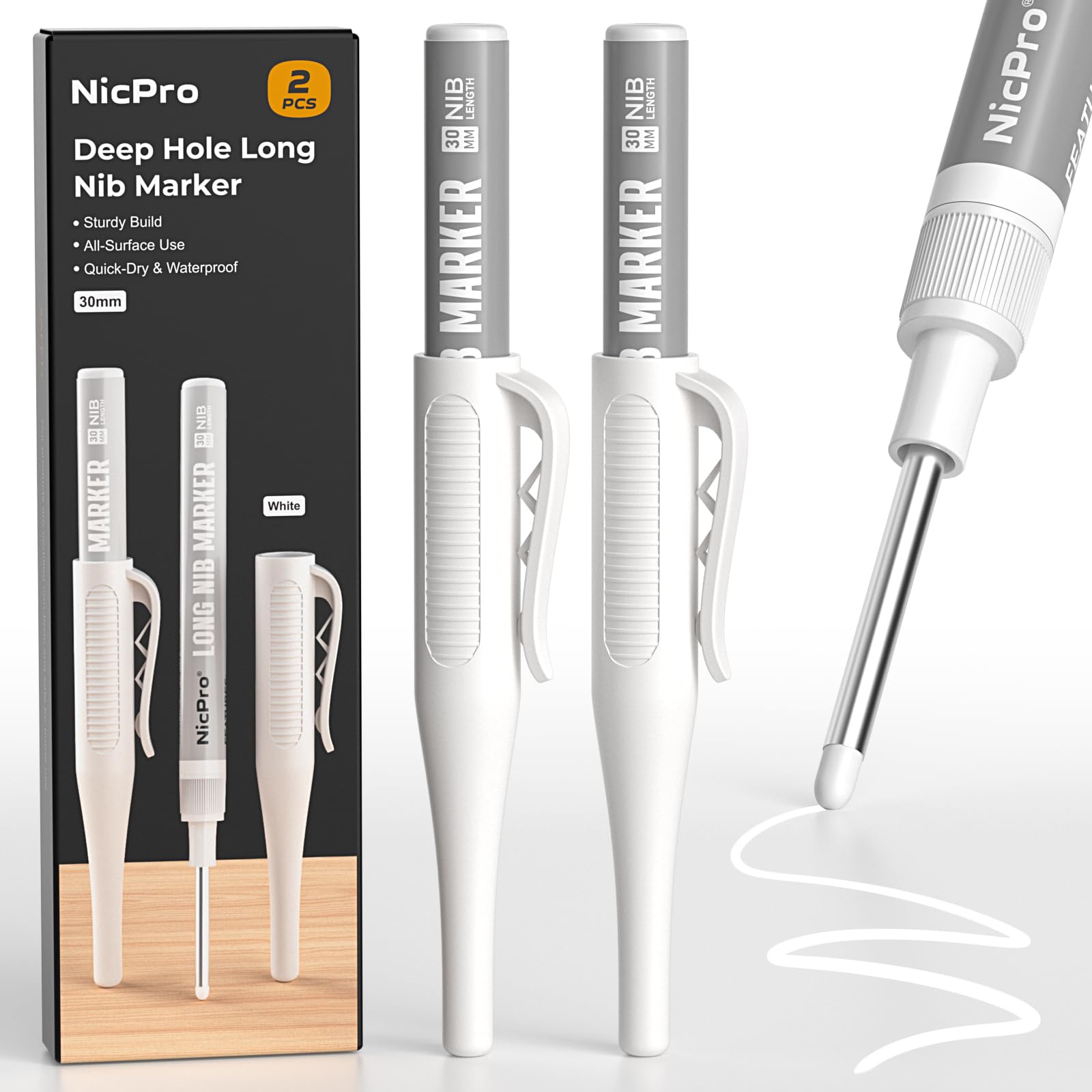 Nicpro 2PCS Long Nib Marker Pen, 30mm Fine Tip White Paint Marker for Metal