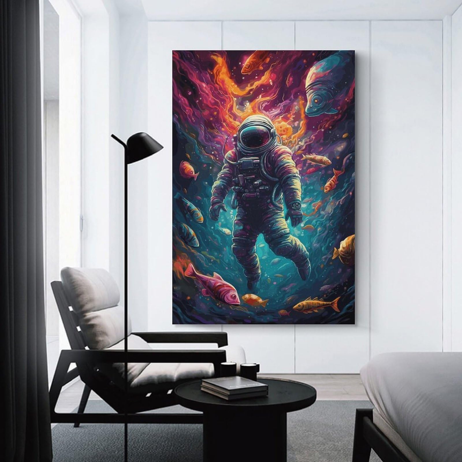 Junmoney Fishing Astronaut Space Hanging Wall Art, 20x30inch(50x75cm), for Lounge, Bedroom Or Personal Spaces, Gift Idea for Housewarming And Birthdays