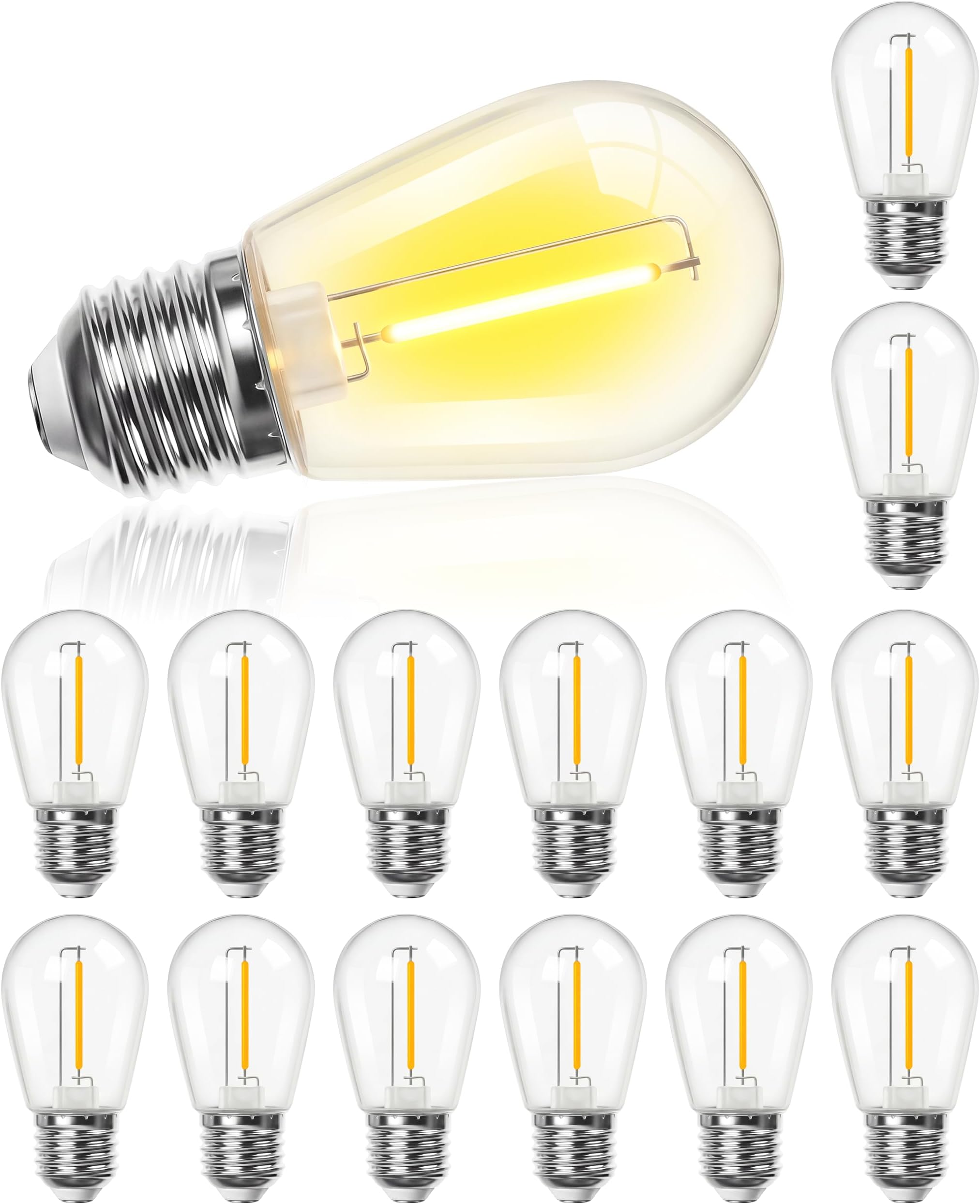 S14 LED Solar Replacement Bulbs,1W Equal to 5W,DC 3V Plastic E26 Screw Base Shatterproof & Waterproof Globe Bulbs Light for Outdoor String Lights,Patio Cafe Bistro Decor, 2700K Warm White,15 Pack