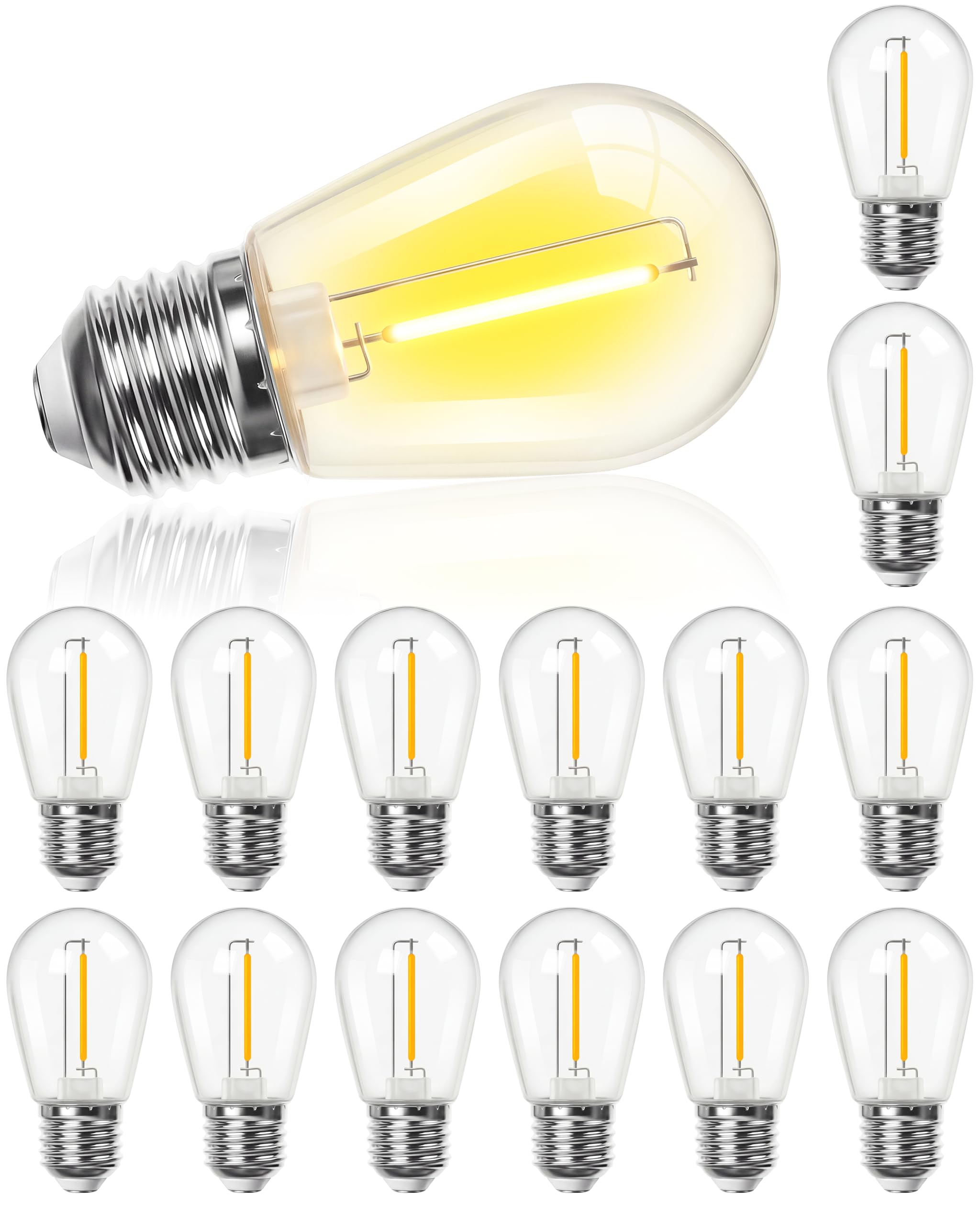 S14 LED Solar Replacement Bulbs,1W Equal to 5W,DC 3V Plastic E26 Screw Base Shatterproof & Waterproof Globe Bulbs Light for Outdoor String Lights,Patio Cafe Bistro Decor, 2700K Warm White,15 Pack