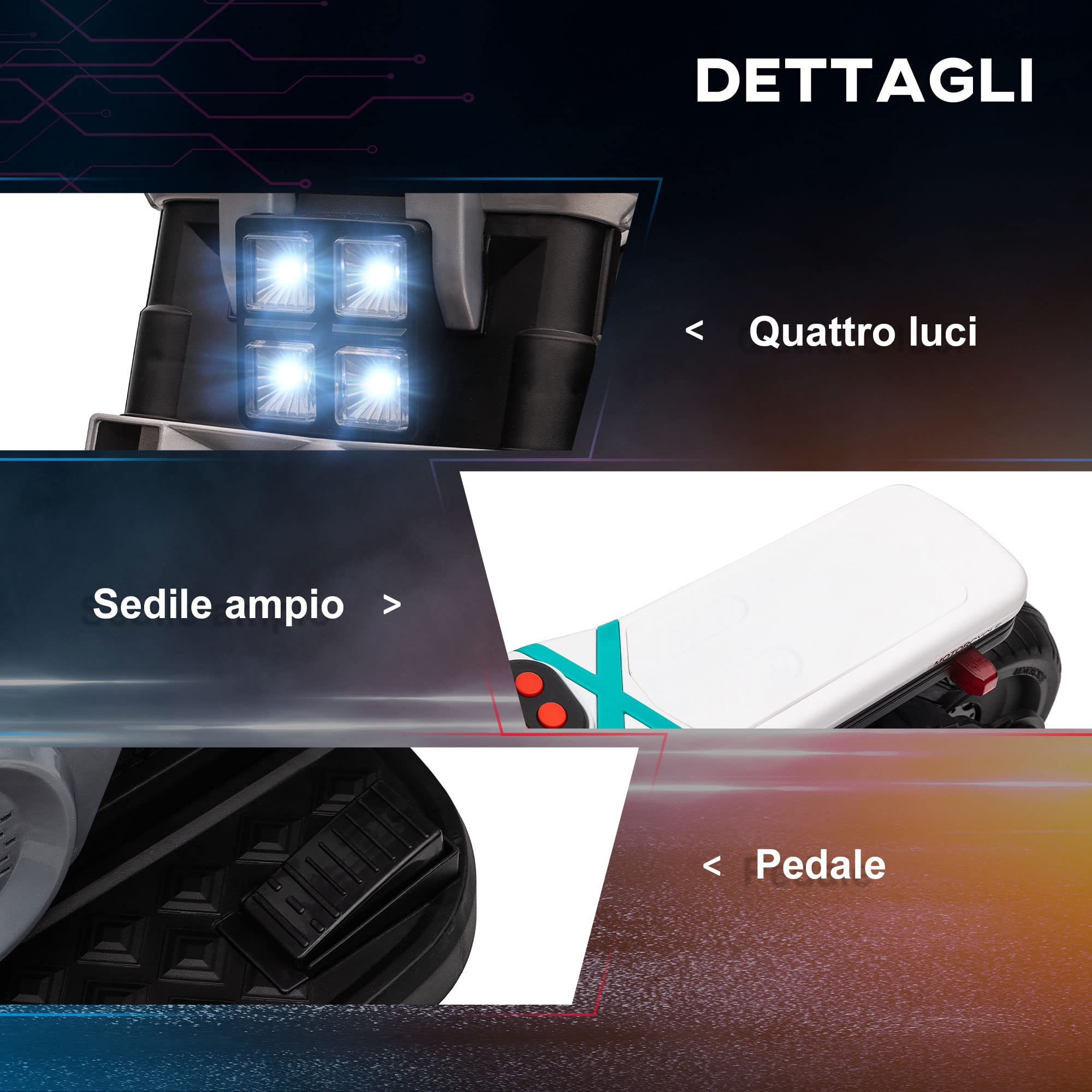 HOMCOM Moto Elettrica per Bambini 6V con Rotelle, Clacson, 4 Fari e Musica, Motorino Elettrico per Bambini 3-5 Anni in PP e Metallo, Velocità 3 km/h, 86x44x58 cm, Bianca