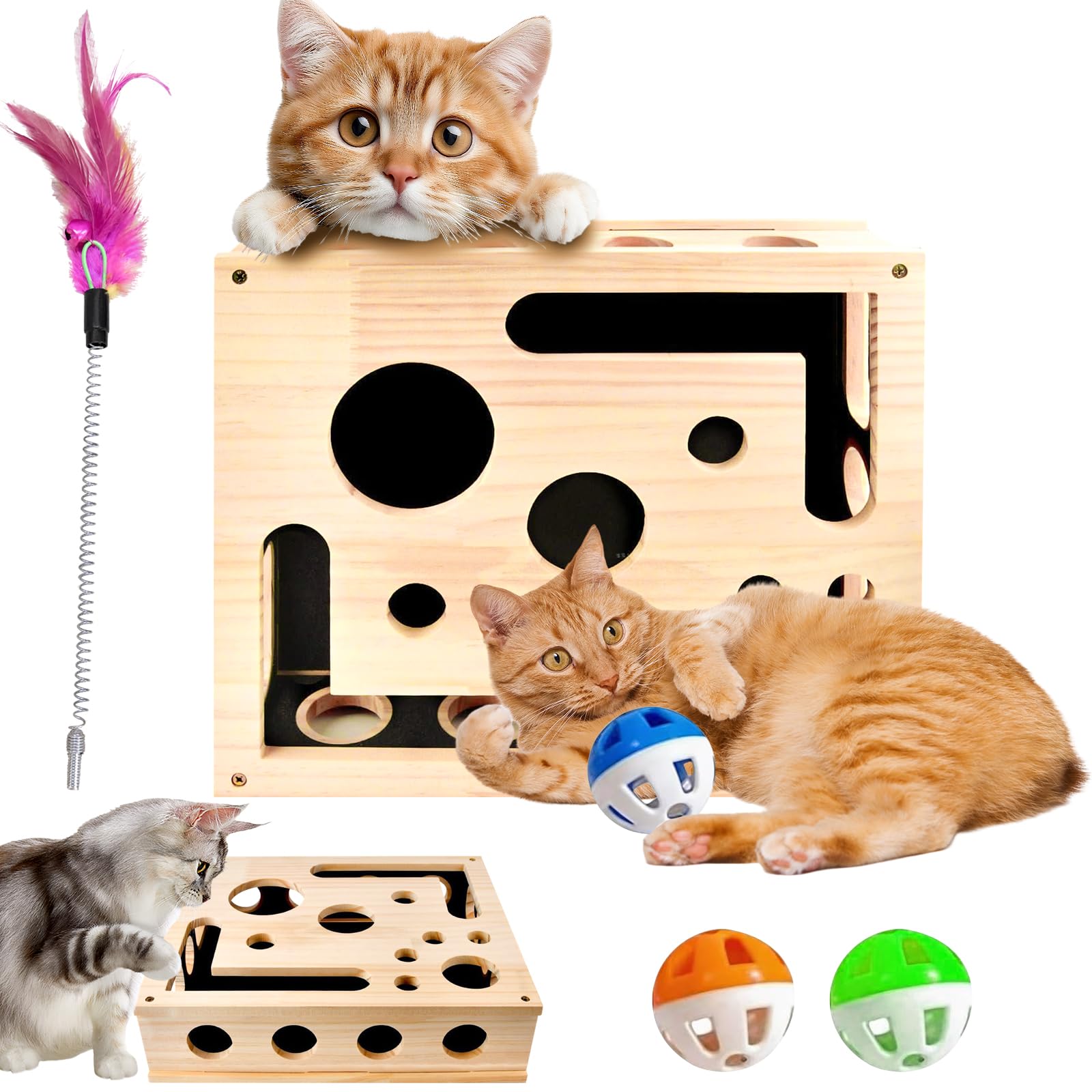 Cat Scratch Puzzle Enrichment Box, Interactive Cat Puzzle Toy with Sandpaper Inside, Interactive Scratcher Box with Ball and Detachable Cat Toy Stick, Cat Nail File Scratcher for Indoor Cats