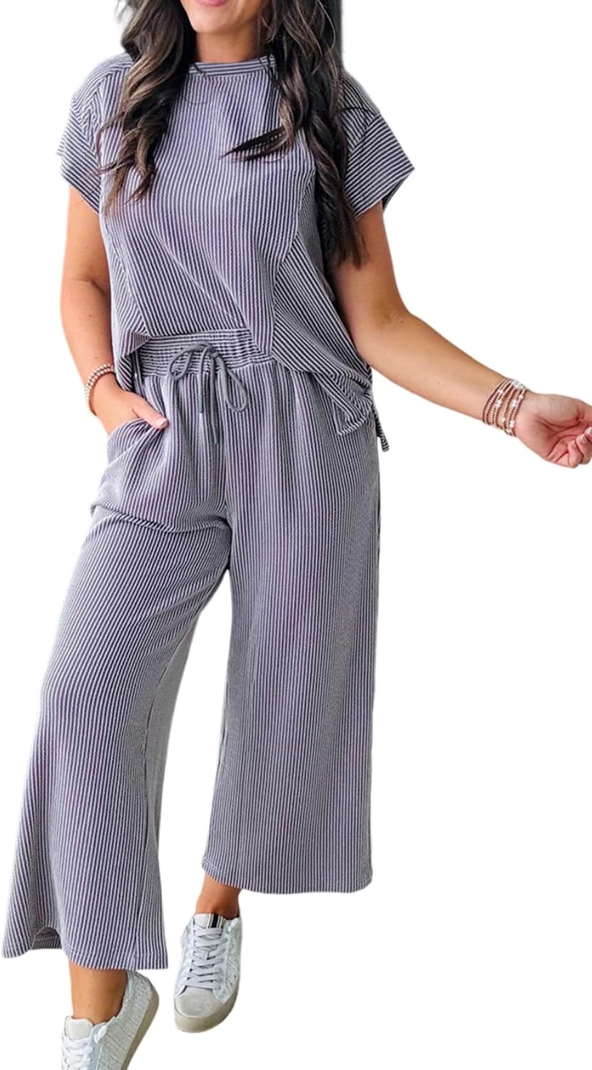 KevaMolly Womens Lounge Sets Solid Corded Knit Short Sleeve T Shirt and Wide Leg Pants Set