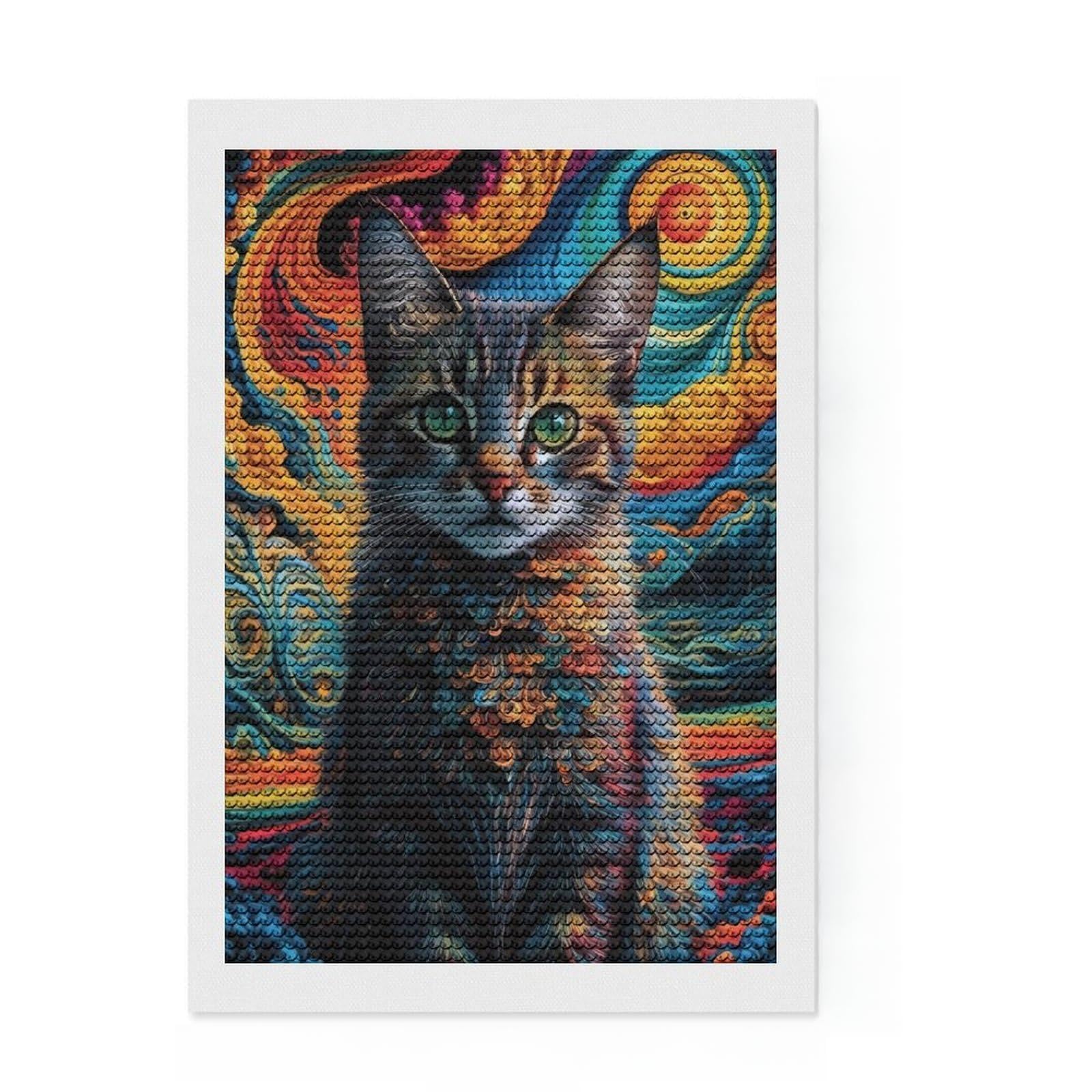 Junmoney Aesthetic CAT Art Diamond Art Kit 8"x12", Adhesive Canvas, Satisfying Creative Project, Modern Decor, Christmas Gift, Printed Canvas
