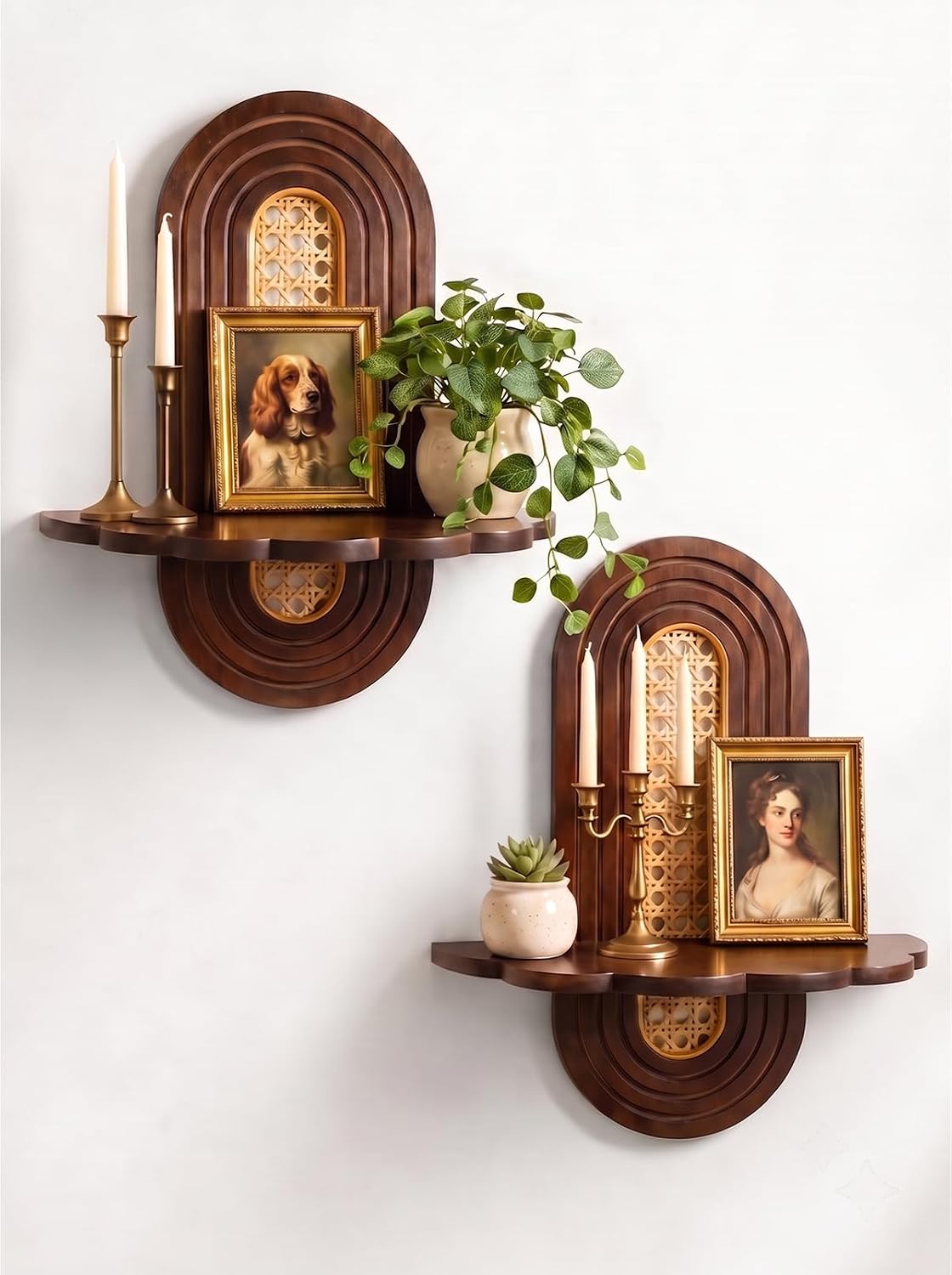 2 Pack Wicker Shelf, Unique Floating Shelves for Wall, Boho Home Wall Decor, Rattan Plant Shelf Set of 2, Mid Century Decorative Natural Wood Shelves for Living Room Bedroom House Office, Walnut