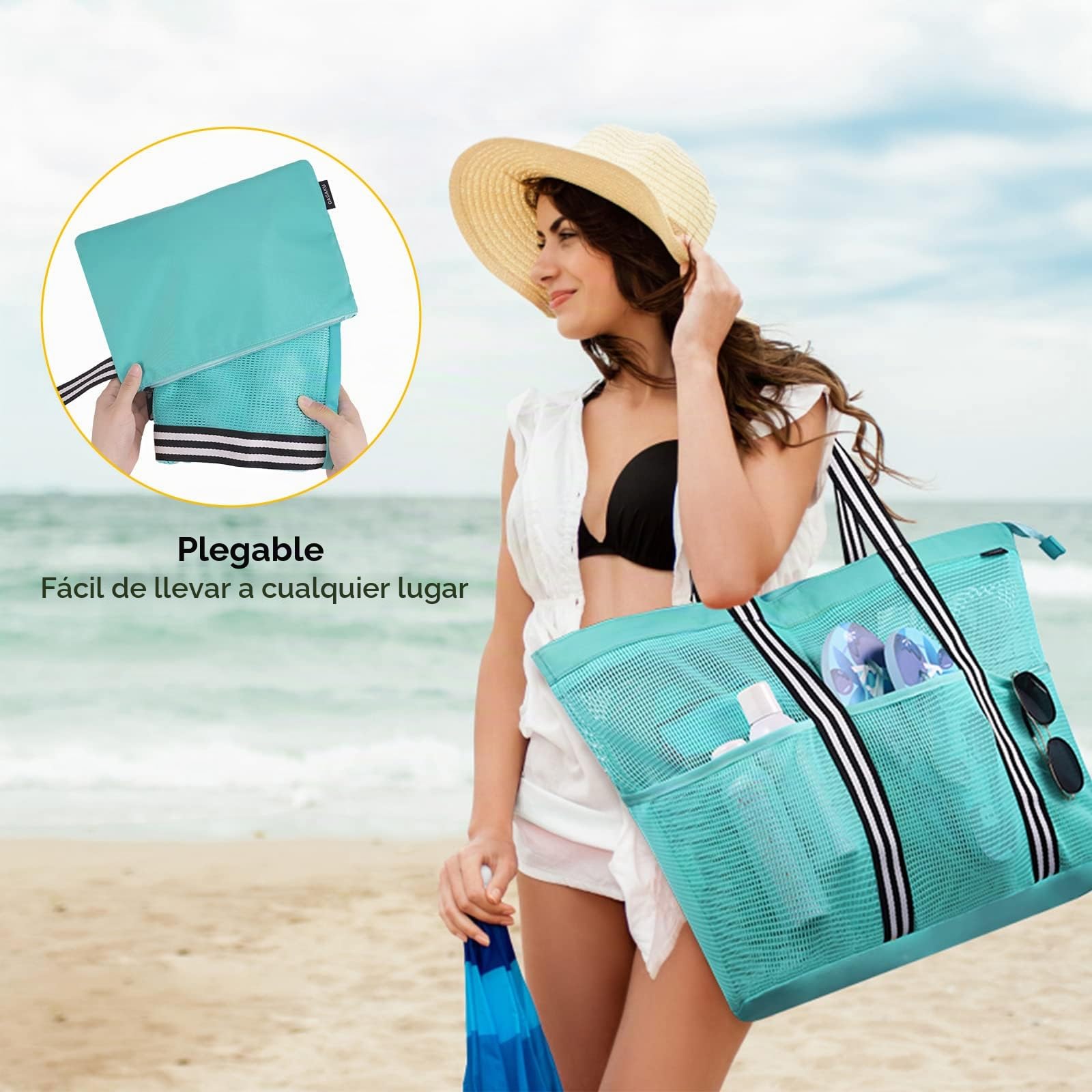 GAGAKU Bolsa de playa XXL/3XL con compartimento frigorífico, impermeable, con cremallera, plegable, grande, para familia, mujer, piscina, viajes