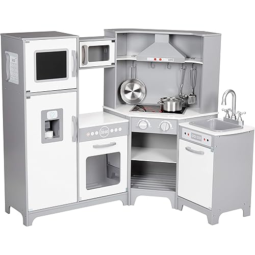 Amazon Basics Kids Corner Wooden Kitchen Toy Playset with Stove, Oven, Sink, Fridge and Accessories, for Toddlers, Preschoolers, Children Age 3+ Years, White & Gray, 39.37"L x 28.35"W x 35.04"H