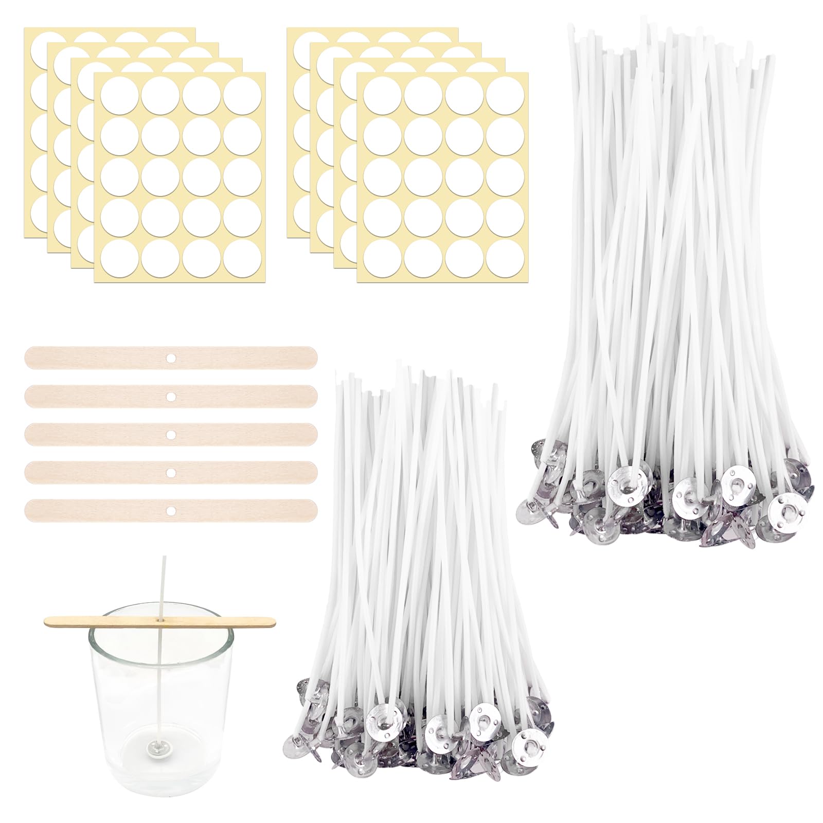 200 Stück Kerzendochte für Kerzen Set, Kerzendocht Rauchfrei mit Dochthalter Doppelseitigen Aufklebern，Kerzendocht für Kerzen Selber Machen,Dochte für Kerzen DIY,2 Verschiedenen Größen(10cm /15cm)