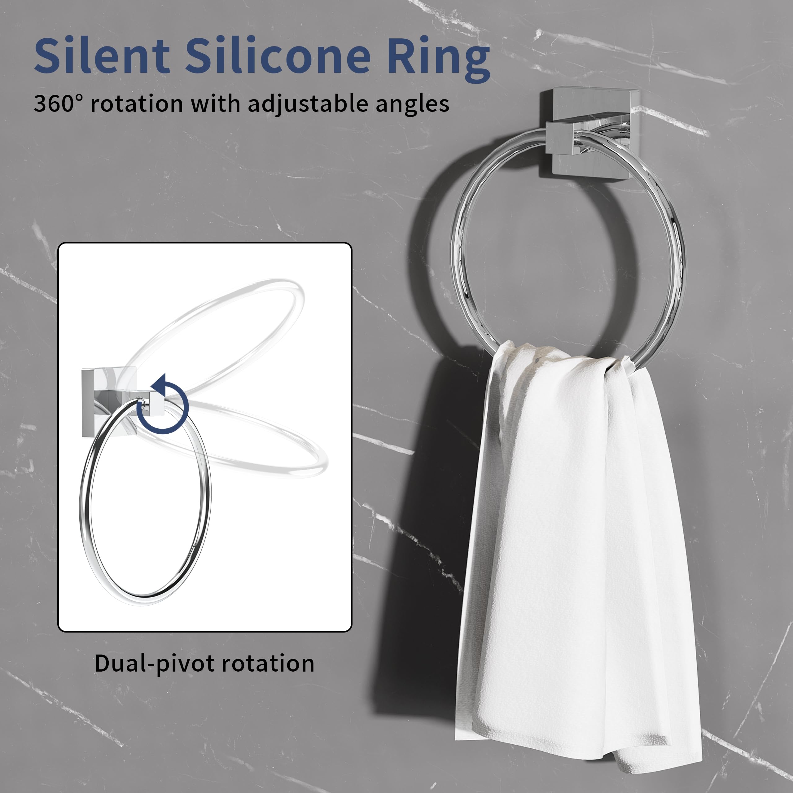 WZRUA Chrome Toilet Paper Holder Towel Ring Bathroom Accessories Hardware Set Double Post Pivoting Toilet Roll Holder Square Stainless Steel and Zinc Alloy Modern Wall Mounted 2 Pieces - Image 3