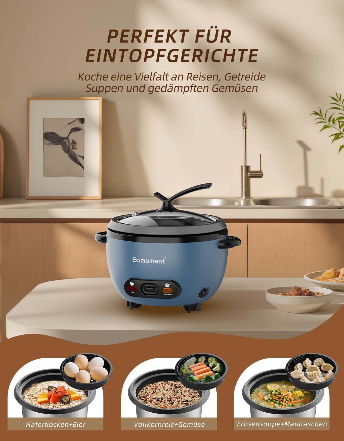 ERC-5P07BL 1 l | 400 W szybkowar do ryżu i czarny wkład na parze, do gotowania dla 1-5 osób, nieprzywierający, zdejmowany garnek, kubek z miarką, szpatułka, przycisk ustawiany, niebieski
