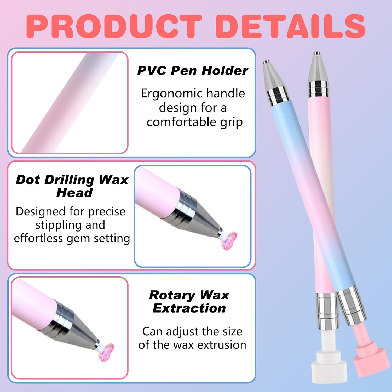 2 PCS Automatic Refillable Wax Pen for Diamond painting, Refillable Diamond Art Pen with 6 Refill Wax Pads, Wax Pen for Art Nail DIY Craft (Gradient Blue+Gradient Pink)