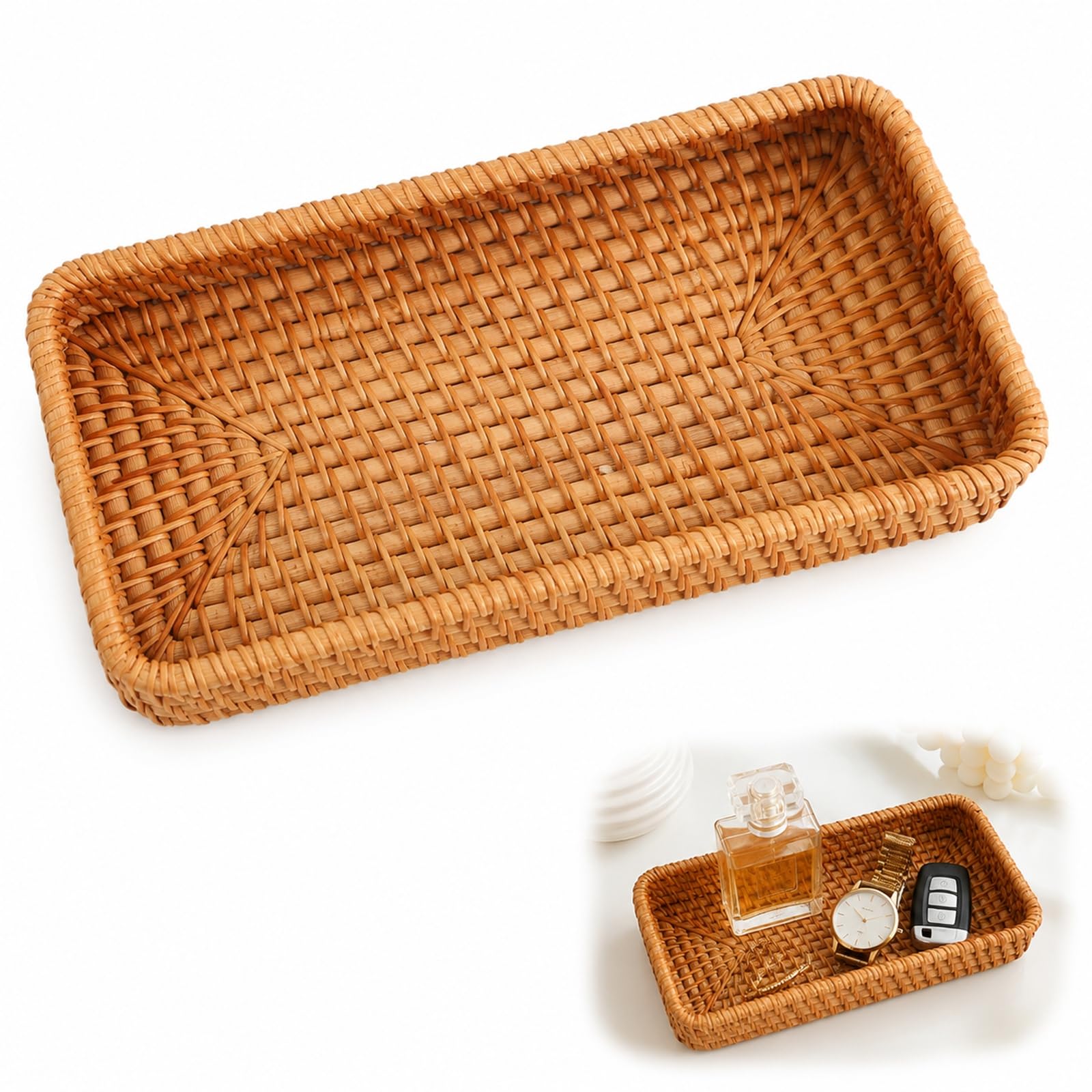 Small Rectangular Rattan Tray 21 cm - Hand Woven Wicker Storage Organiser for Keys Perfume Candle Ornament, Coffee Table Vanity Entryway Shelf, Natural Boho Tray, 21 x 11 x 4 cm (Honey Weave Small)