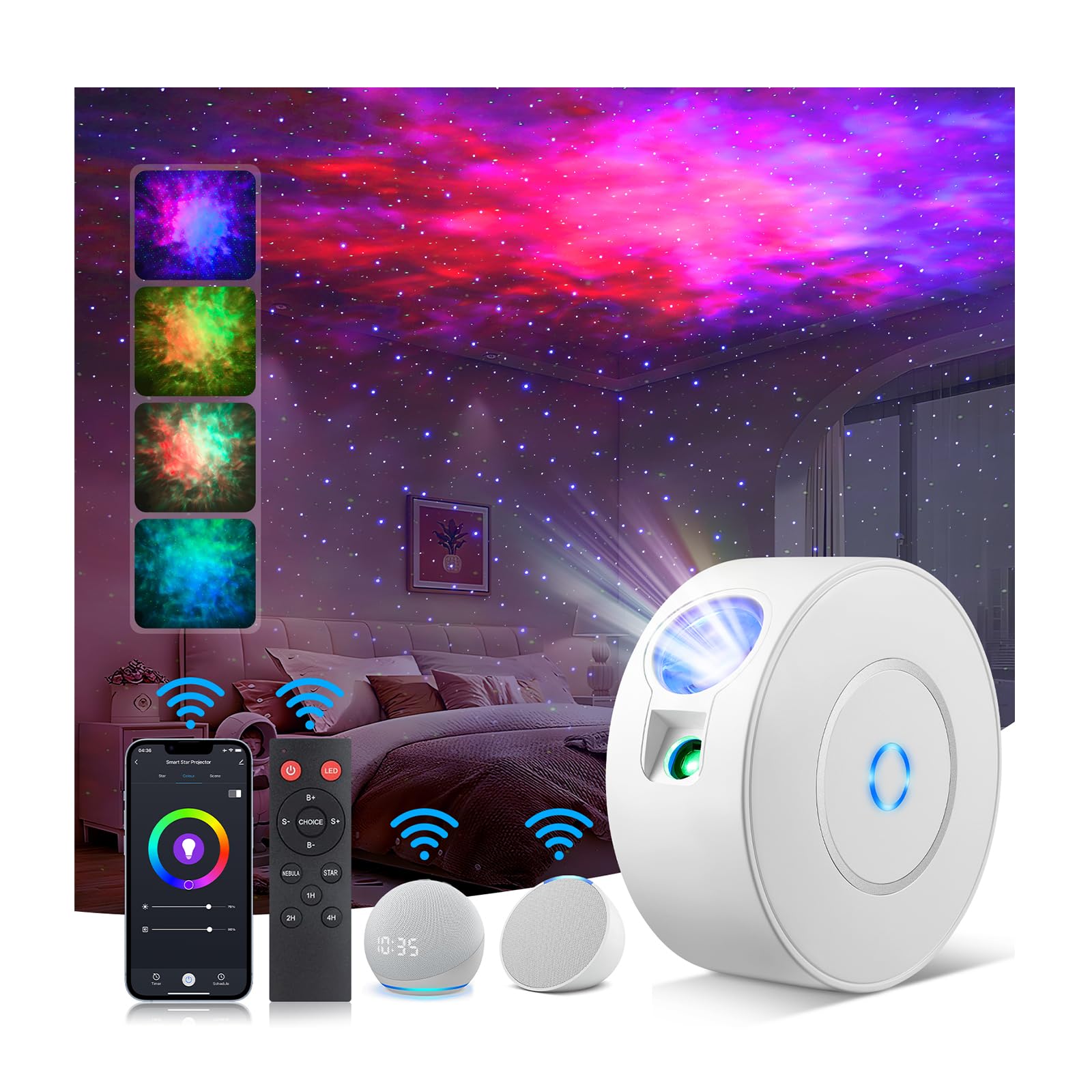 Proiettore Aurviv Smart Starry Sky, proiettore Galaxy Wi-Fi con telecomando, app e controllo vocale, proiettore planetario per decorare la stanza, proiettore di stelle per bambini e adulti
