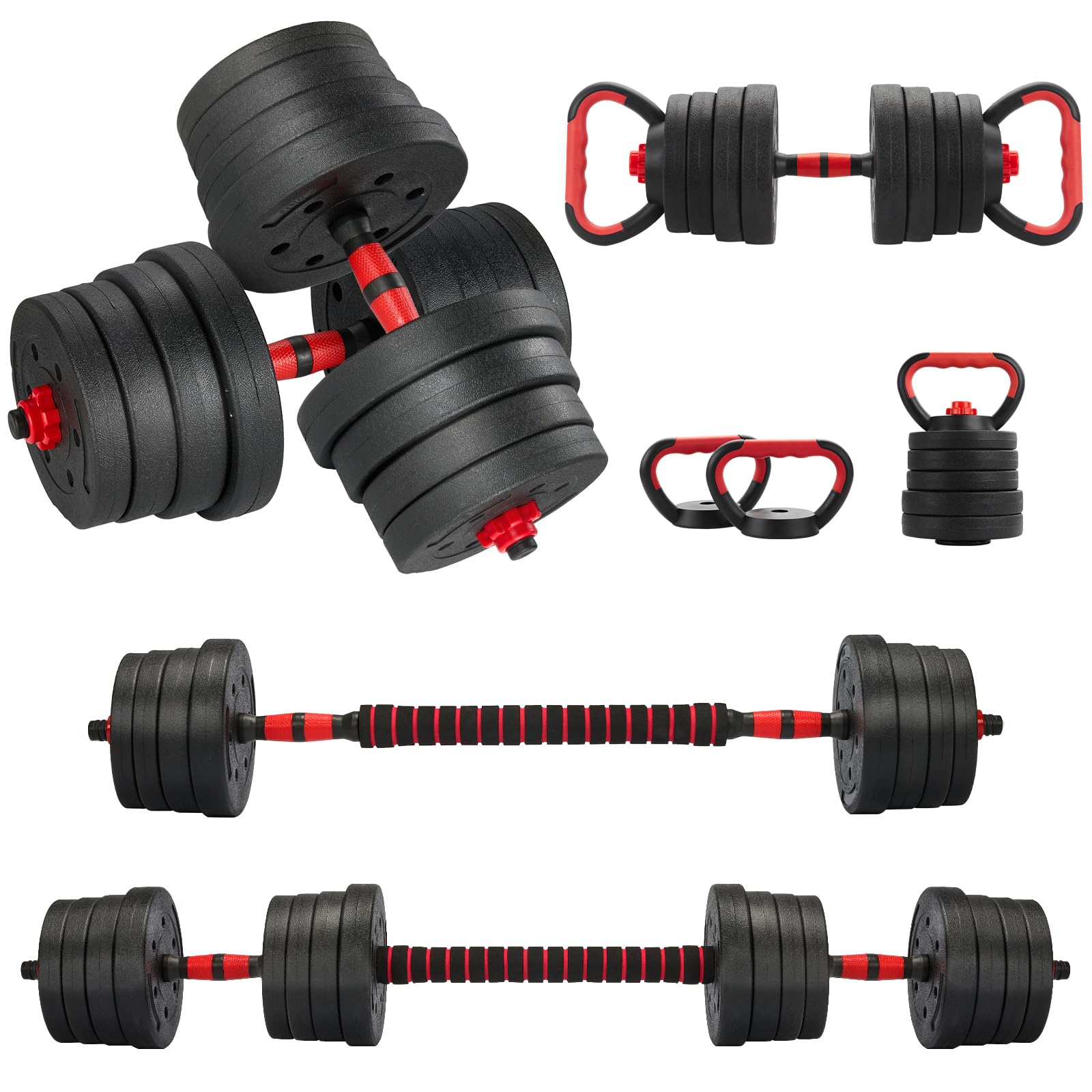 TEENO Kit Completo per Muscolazione 15 kg, 20 kg, 30 kg con Kettlebell, Manubri, Barre e Supporti per Flessioni, Ideale per il Fitness Domestico