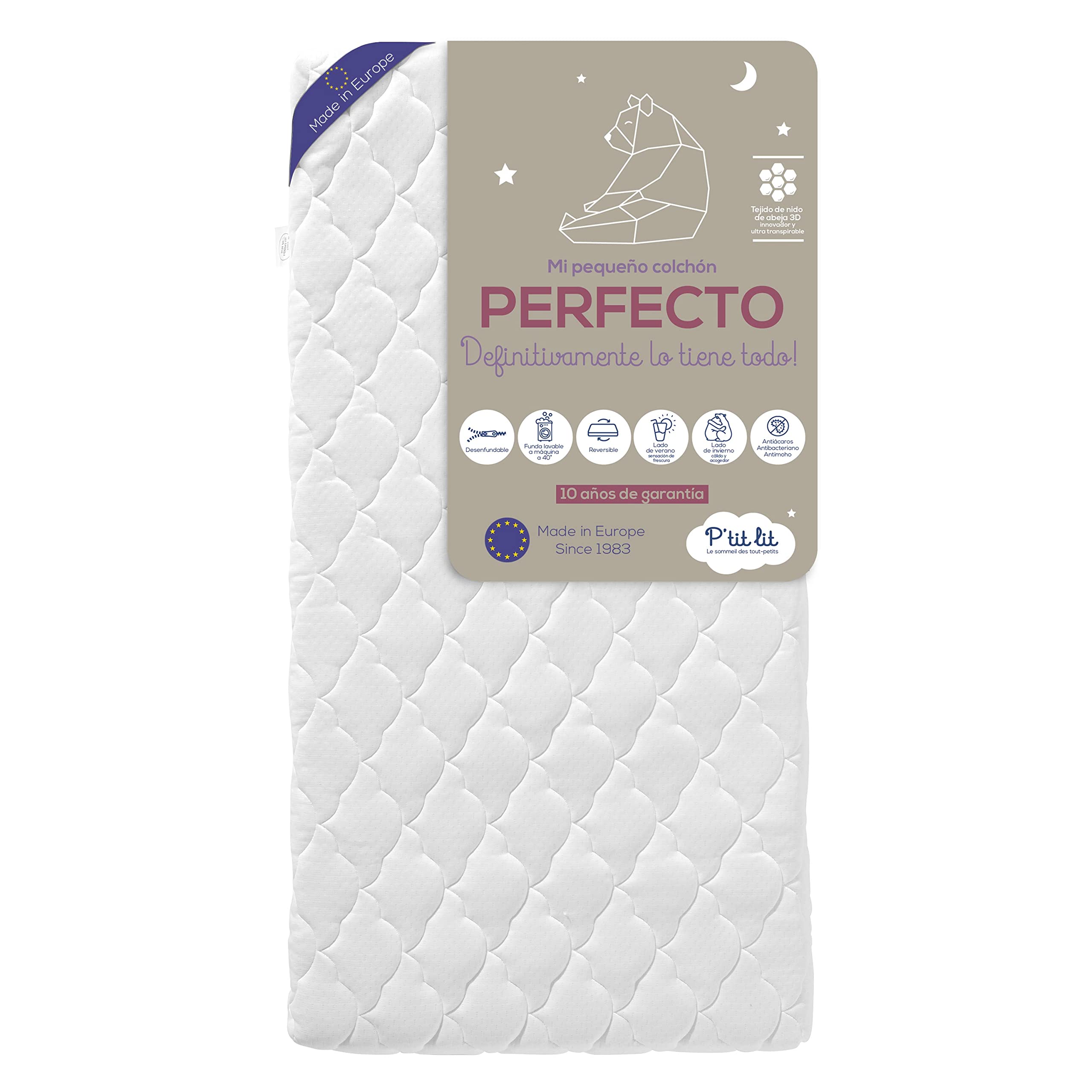 P'tit Lit - Colchón bebé Perfecto - 60x120 cm - 2 lados: ultratranspirable en verano / cálido y acogedor en invierno - Antiácaros - Desenfundable - OekoTex® - Hecho en Europa