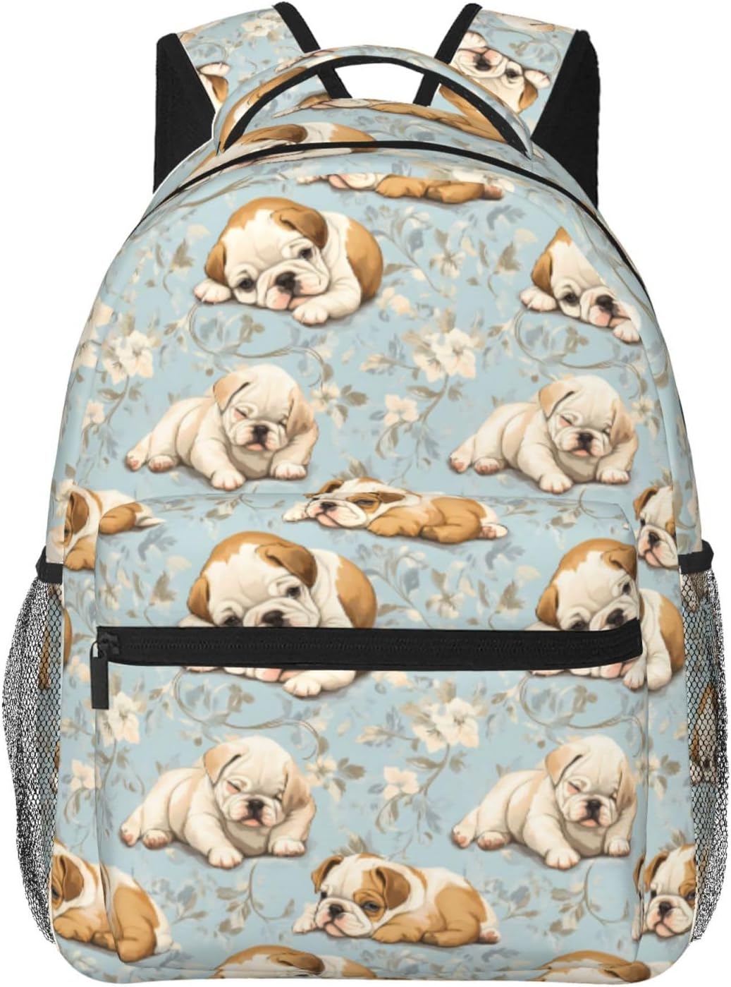 English Bulldog Casual Backpack, Lightweight Laptop Bag Daypack, Cute Dog and Blue Floral Backpacks for Women Men Teens Students, Pet Polyester Bookbag Gifts for School Work Travel Hiking