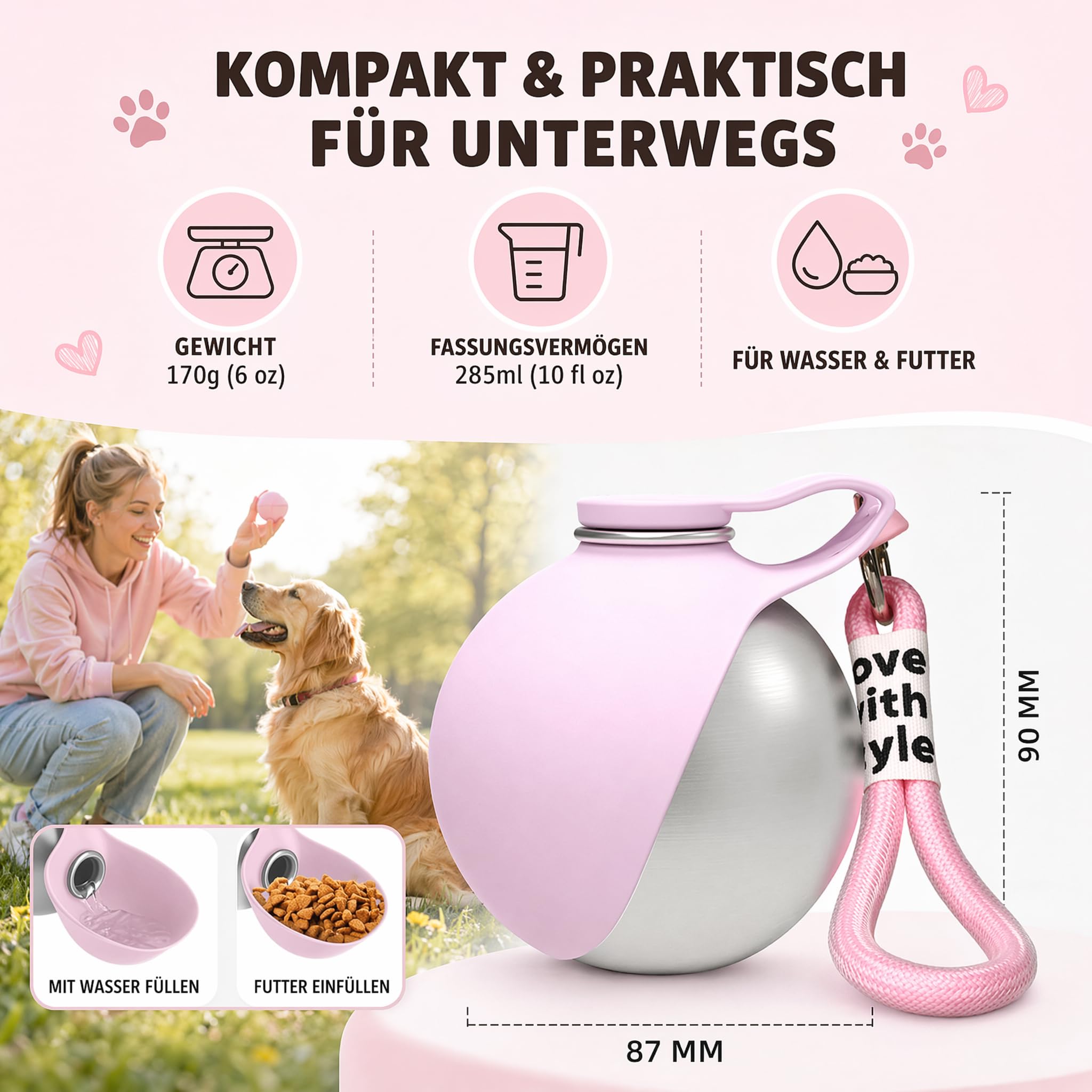 Trinkflasche Hunde für Unterwegs, 285ml Edelstahl Hunde Trinkflasche to Go, Hundetrinkflasche für Unterwegs, Auslaufsichere Wasserflasche mit Faltbarem Silikonnapf für Klein Hund Katzen Reise Camping